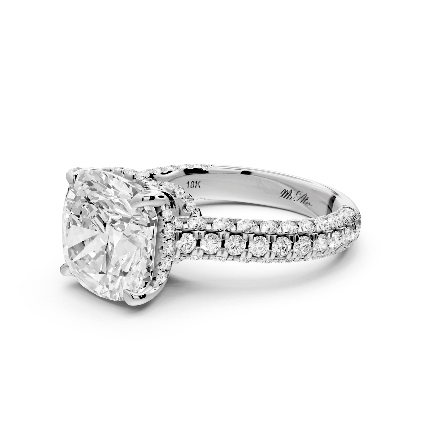 Amoria - 5ct 18k white gold cushion Diamond Engagement Ring with Pavé Band & Hidden Halo - Mr. Alex Jewelry