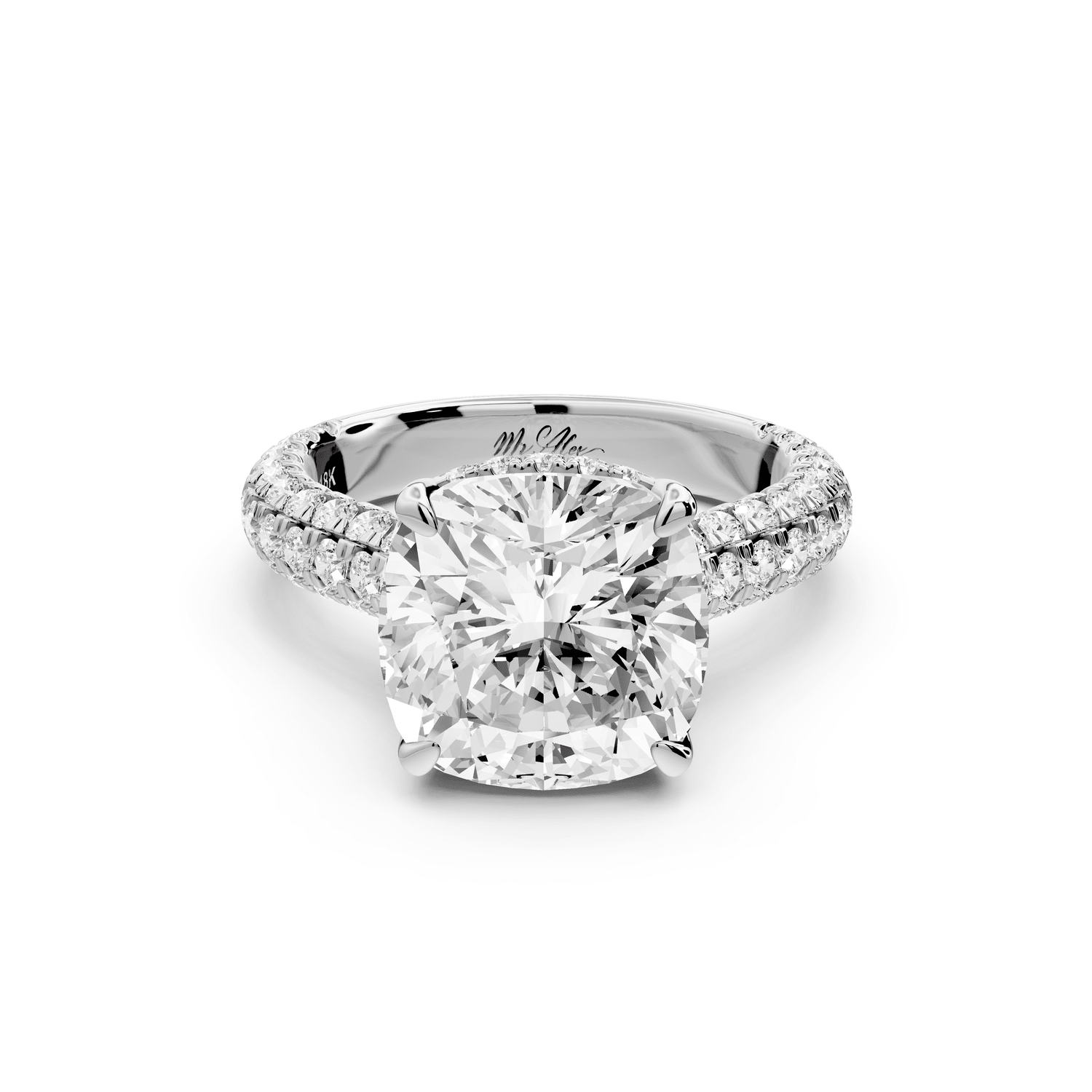 Amoria - 5ct 18k white gold cushion Diamond Engagement Ring with Pavé Band & Hidden Halo - Mr. Alex Jewelry