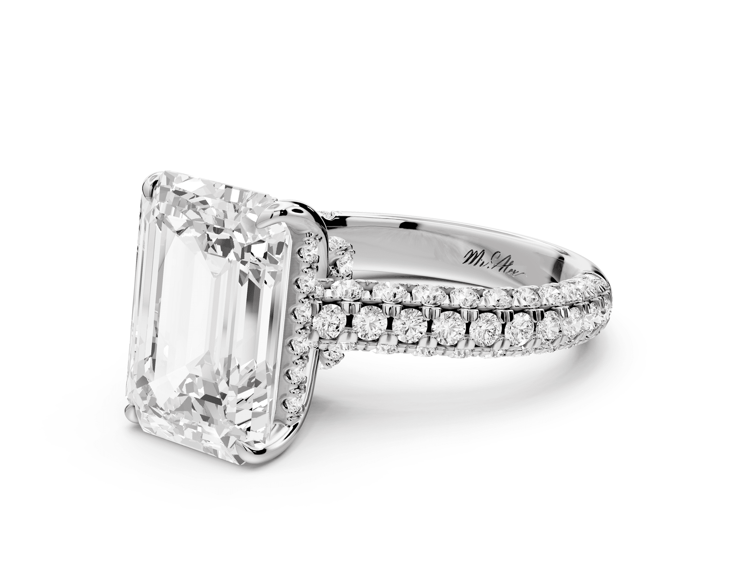 Amoria - 5ct 18k white gold emerald Diamond Engagement Ring with Pavé Band & Hidden Halo - Mr. Alex Jewelry