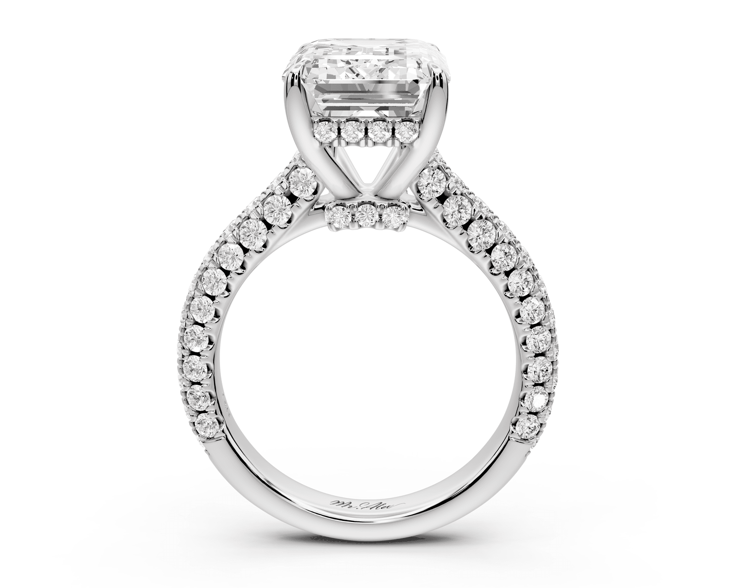 Amoria - 5ct 18k white gold emerald Diamond Engagement Ring with Pavé Band & Hidden Halo - Mr. Alex Jewelry