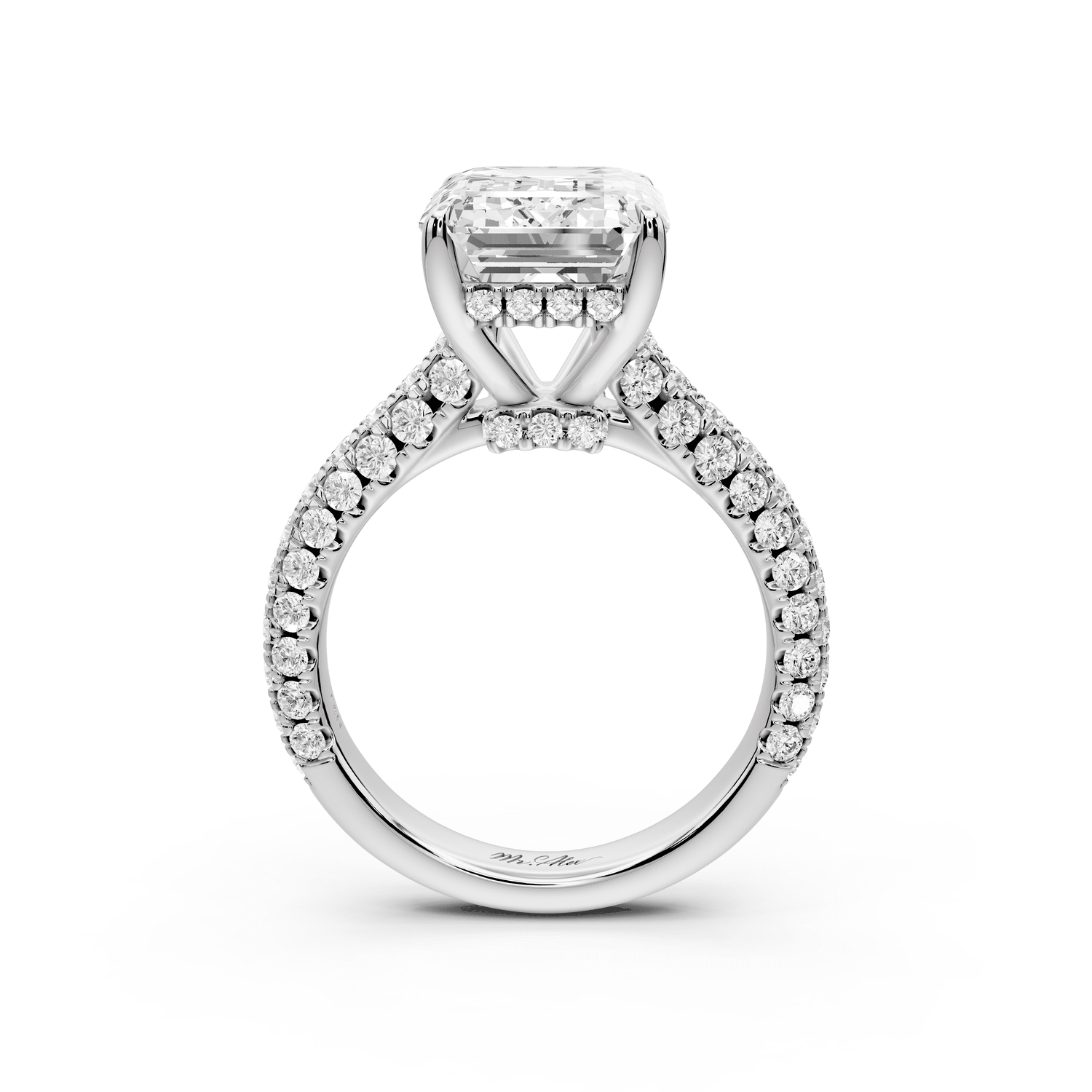 Amoria - 5ct 18k white gold emerald Diamond Engagement Ring with Pavé Band & Hidden Halo - Mr. Alex Jewelry