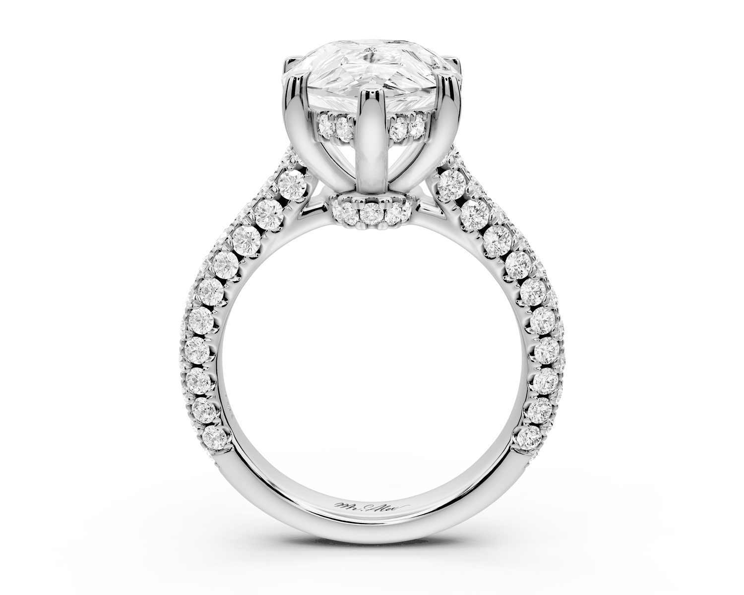 Amoria - 5ct 18k white gold pear Diamond Engagement Ring with Pavé Band & Hidden Halo - Mr. Alex Jewelry
