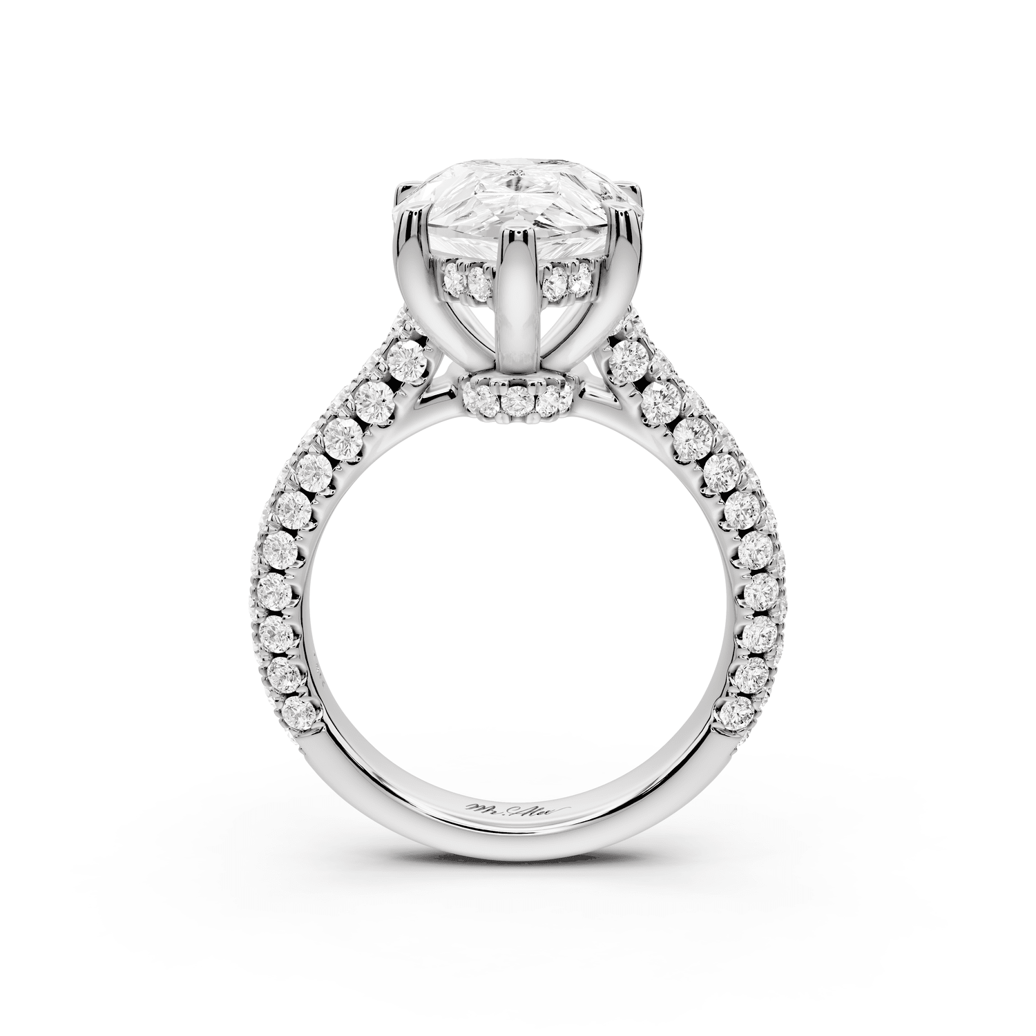 Amoria - 5ct 18k white gold pear Diamond Engagement Ring with Pavé Band & Hidden Halo - Mr. Alex Jewelry