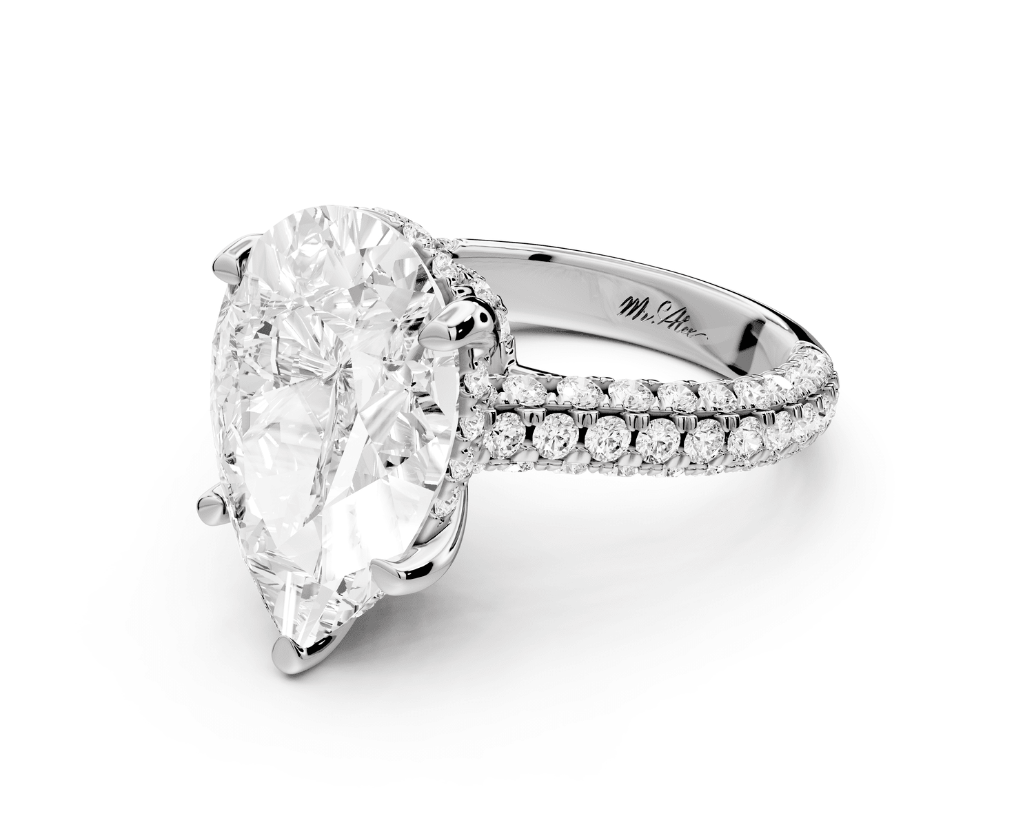 Amoria - 5ct 18k white gold pear Diamond Engagement Ring with Pavé Band & Hidden Halo - Mr. Alex Jewelry