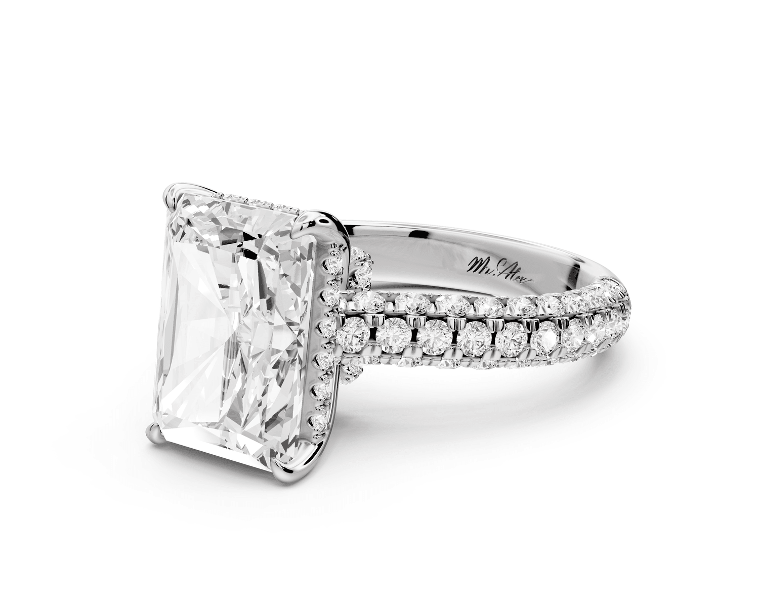 Amoria - 5ct 18k white gold radiant Diamond Engagement Ring with Pavé Band & Hidden Halo - Mr. Alex Jewelry