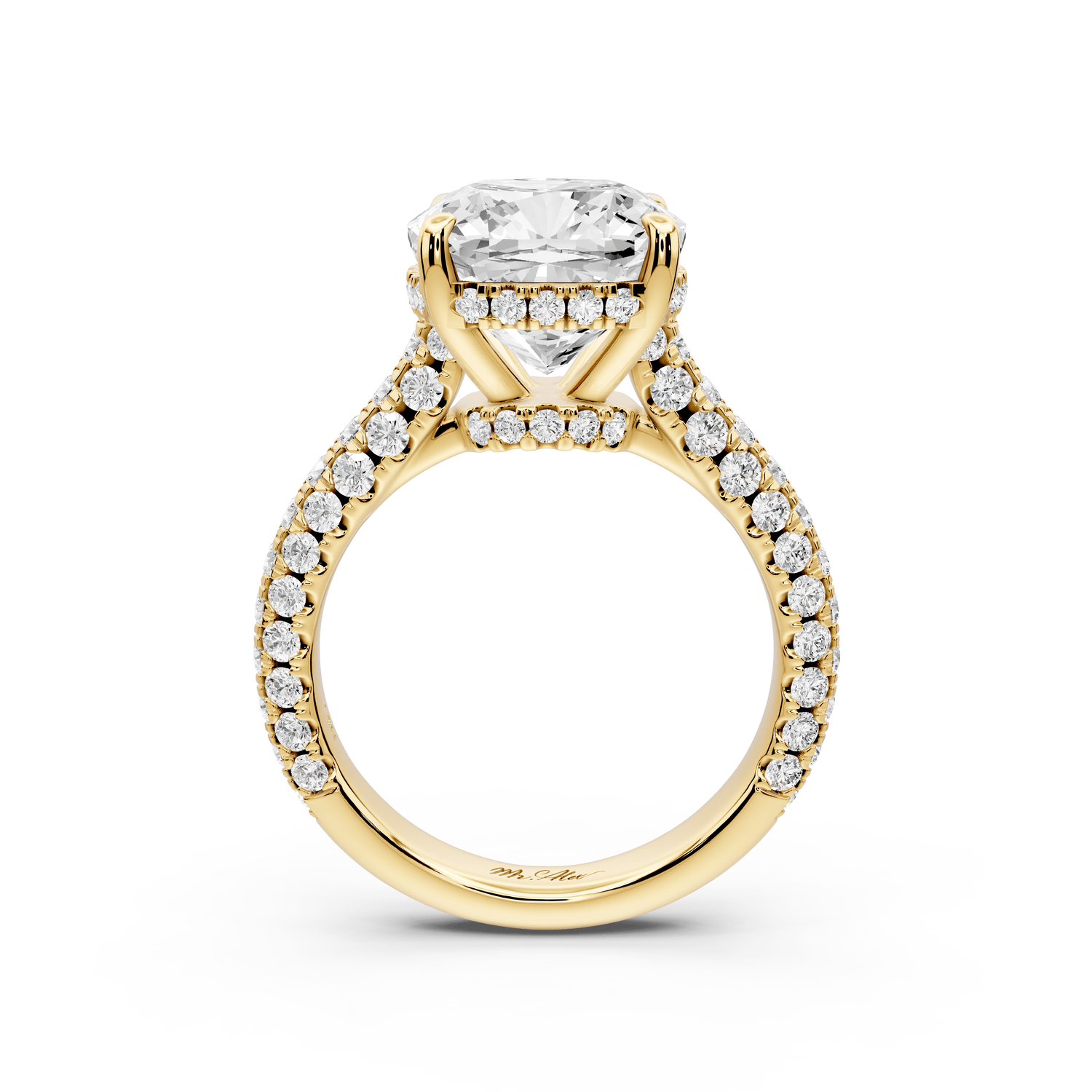 Amoria - 5ct 18k yellow gold cushion Diamond Engagement Ring with Pavé Band & Hidden Halo - Mr. Alex Jewelry