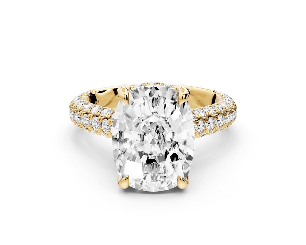 Amoria - 5ct 18k yellow gold ecushion Diamond Engagement Ring with Pavé Band & Hidden Halo - Mr. Alex Jewelry
