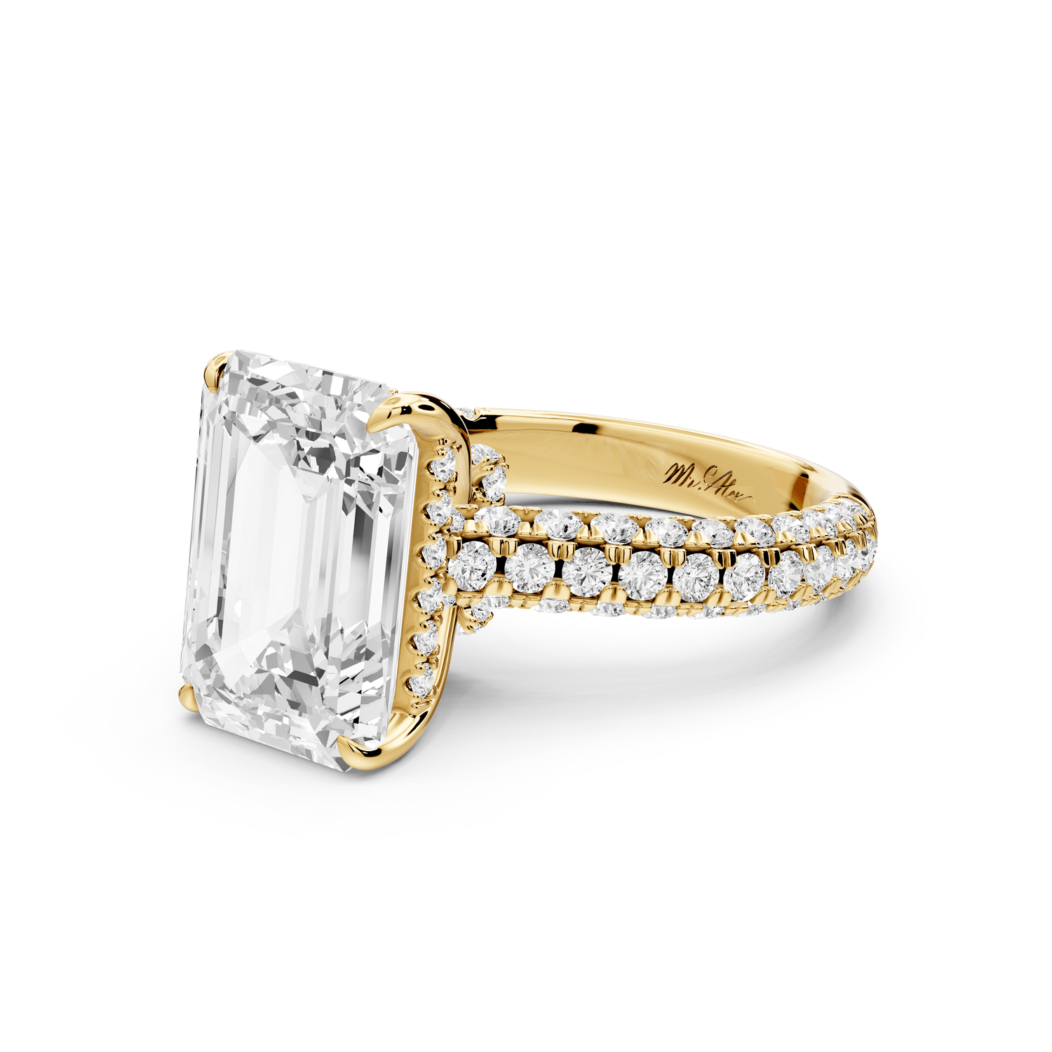 Amoria - 5ct 18k yellow gold emerald Diamond Engagement Ring with Pavé Band & Hidden Halo - Mr. Alex Jewelry