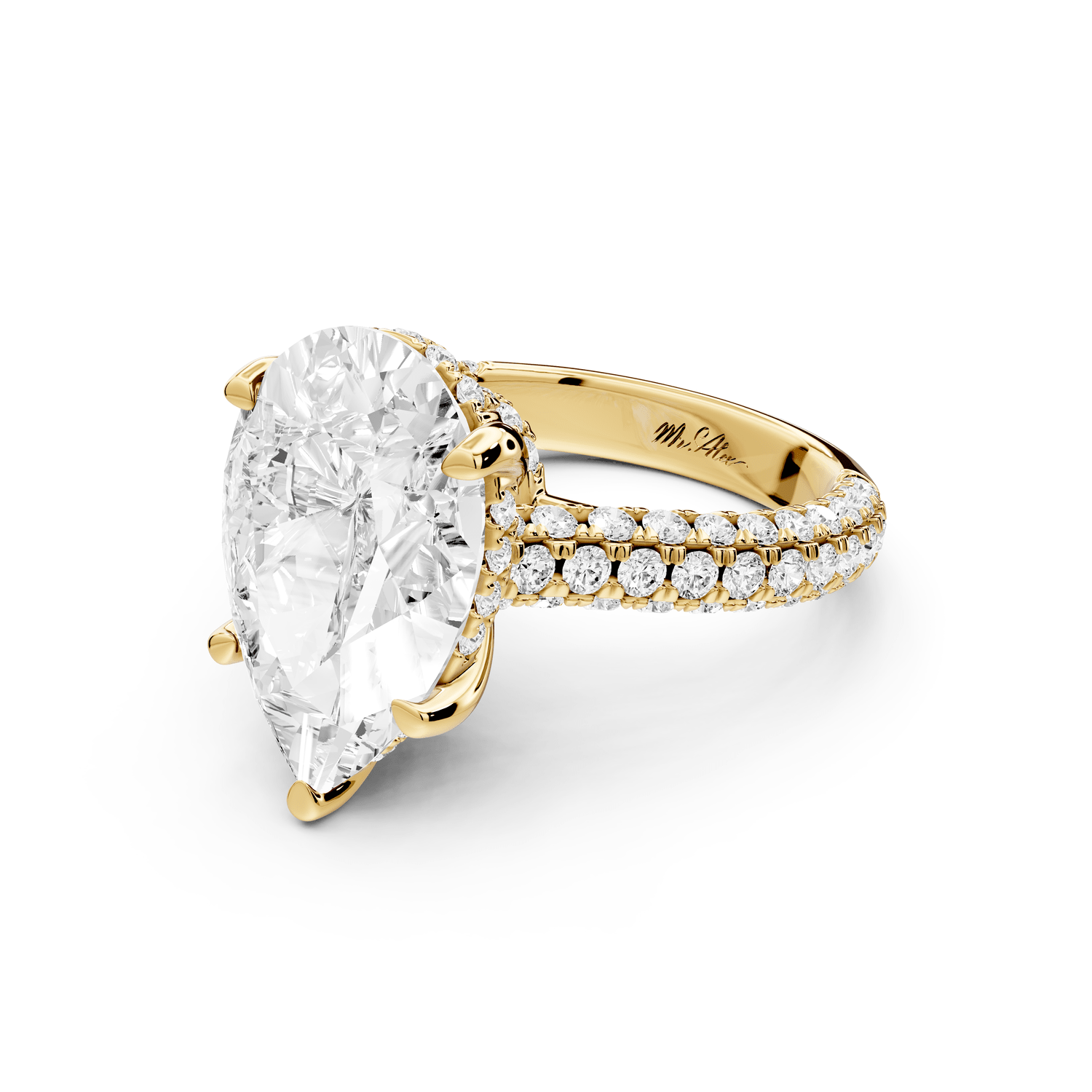 Amoria - 5ct 18k yellow gold pear Diamond Engagement Ring with Pavé Band & Hidden Halo - Mr. Alex Jewelry