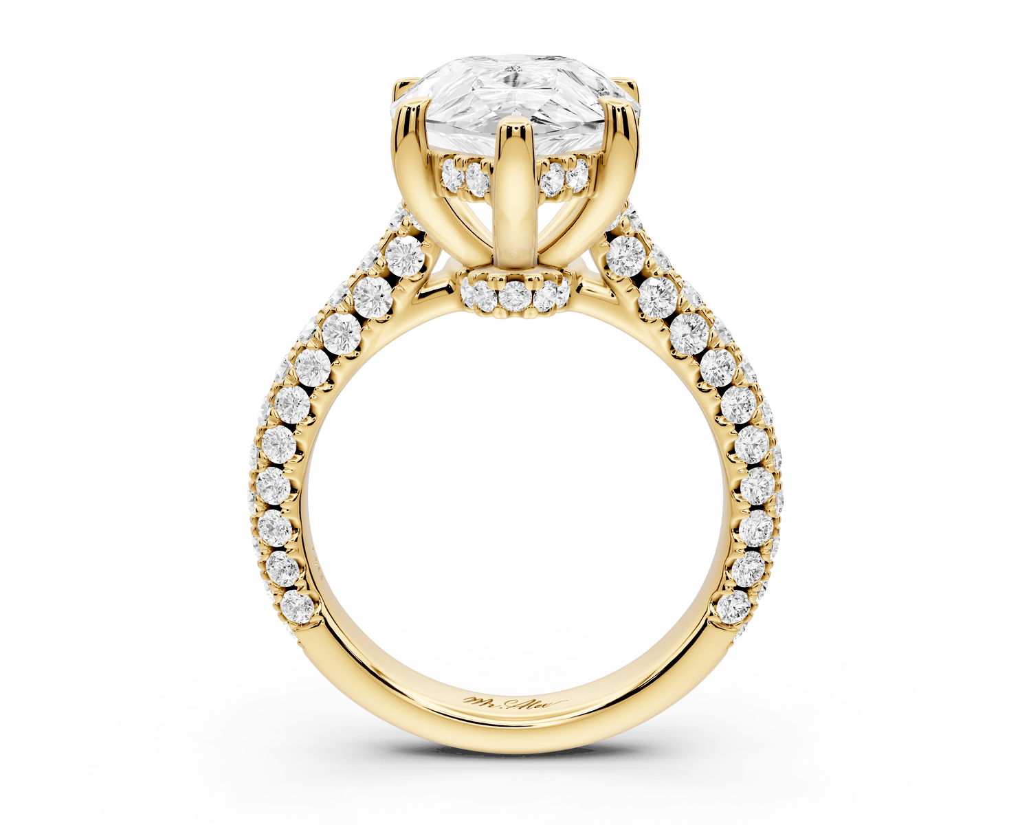 Amoria - 5ct 18k yellow gold pear Diamond Engagement Ring with Pavé Band & Hidden Halo - Mr. Alex Jewelry