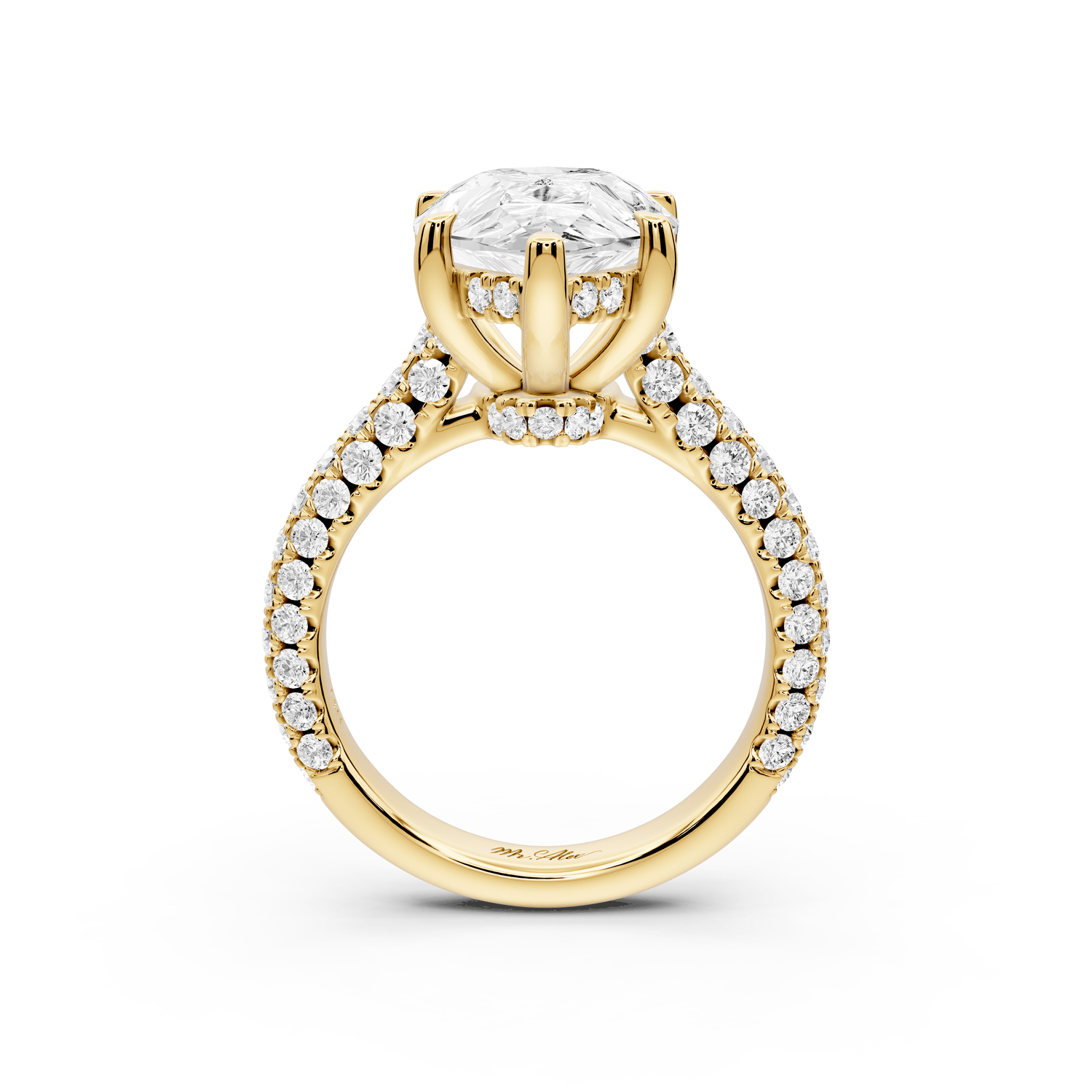 Amoria - 5ct 18k yellow gold pear Diamond Engagement Ring with Pavé Band & Hidden Halo - Mr. Alex Jewelry