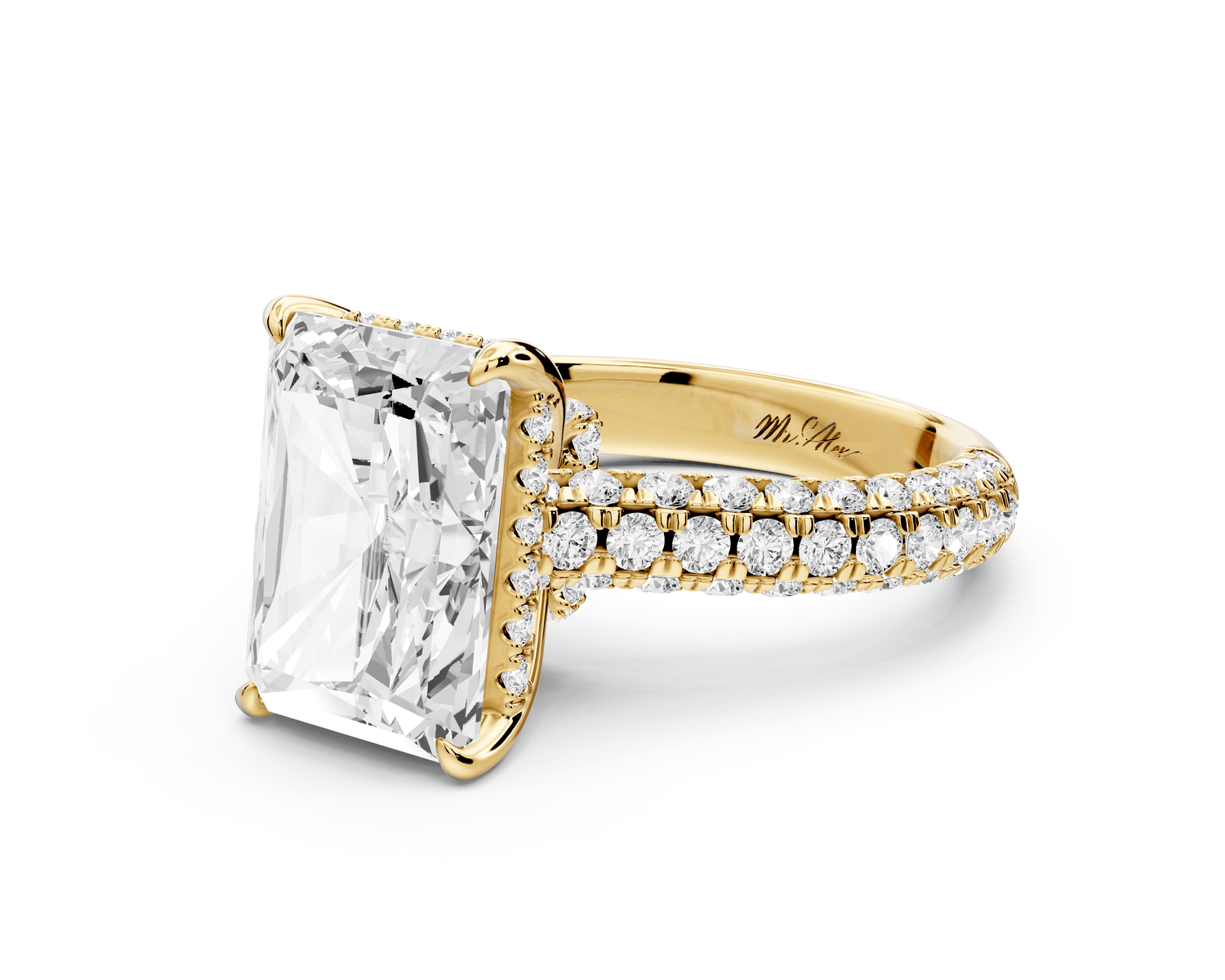 Amoria - 5ct 18k yellow gold radiant Diamond Engagement Ring with Pavé Band & Hidden Halo - Mr. Alex Jewelry