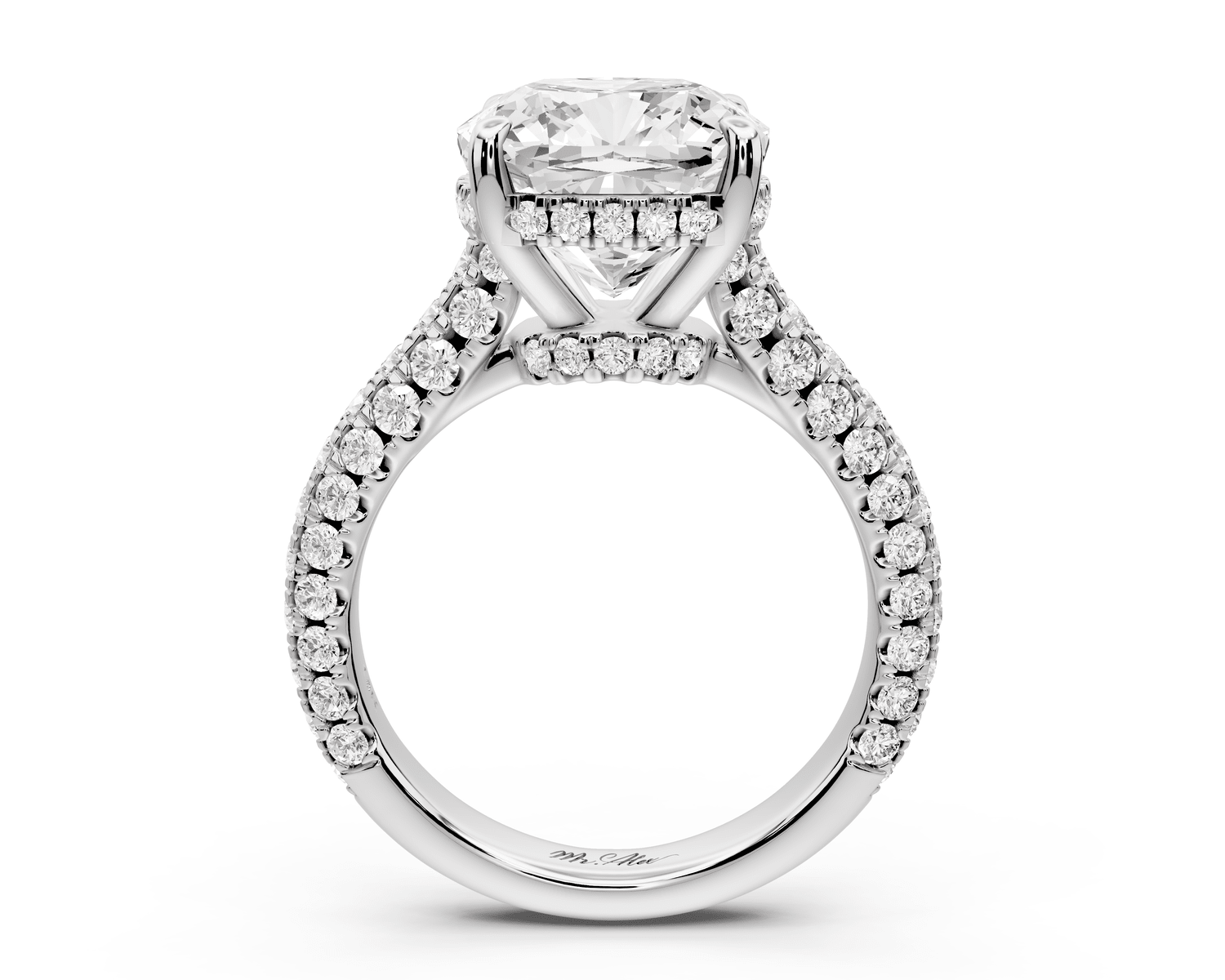 Amoria - 5ct platinum cushion Diamond Engagement Ring with Pavé Band & Hidden Halo - Mr. Alex Jewelry