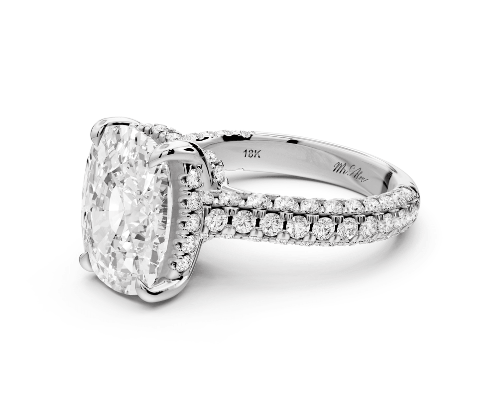 Amoria - 5ct platinum ecushion Diamond Engagement Ring with Pavé Band & Hidden Halo - Mr. Alex Jewelry