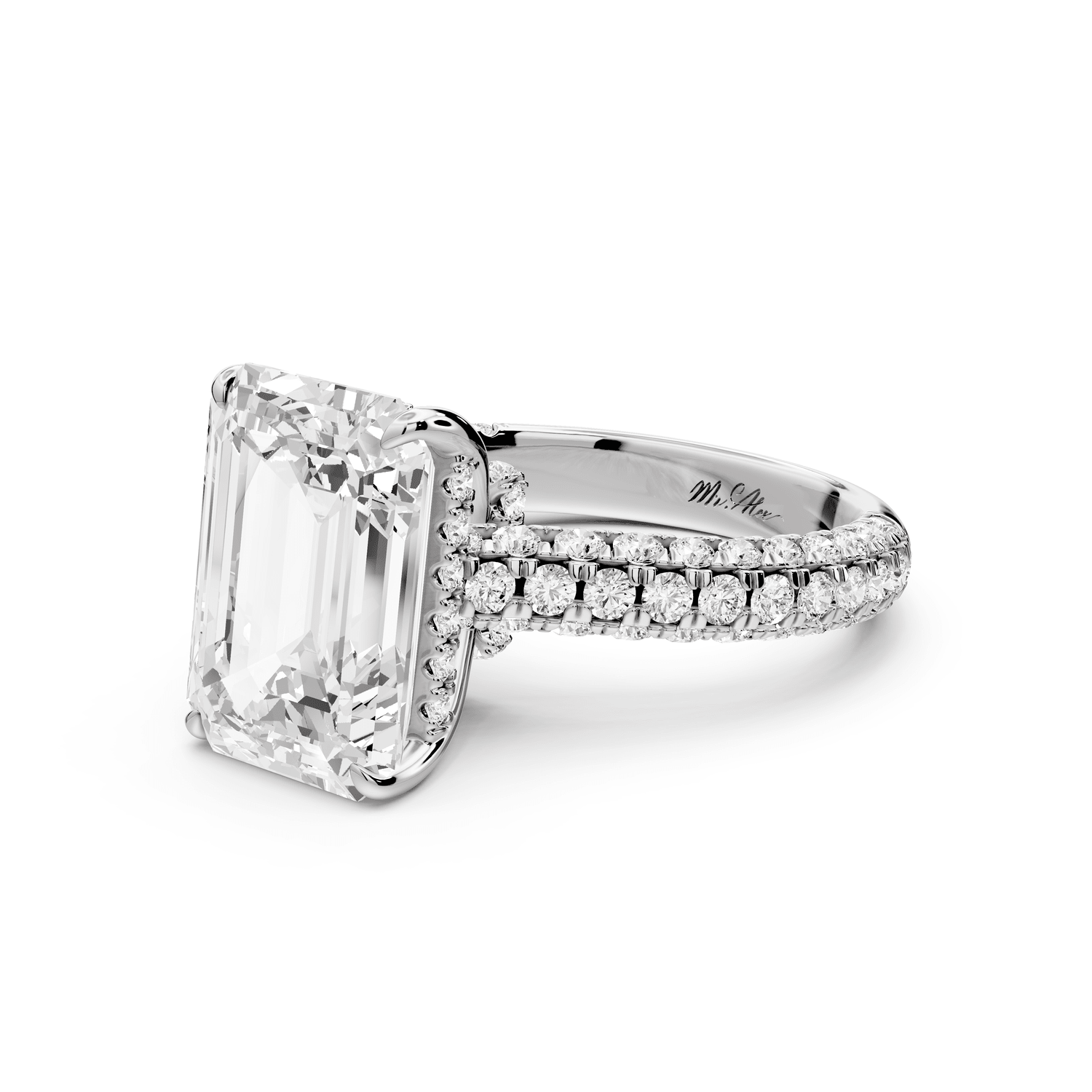 Amoria - 5ct platinum emerald Diamond Engagement Ring with Pavé Band & Hidden Halo - Mr. Alex Jewelry