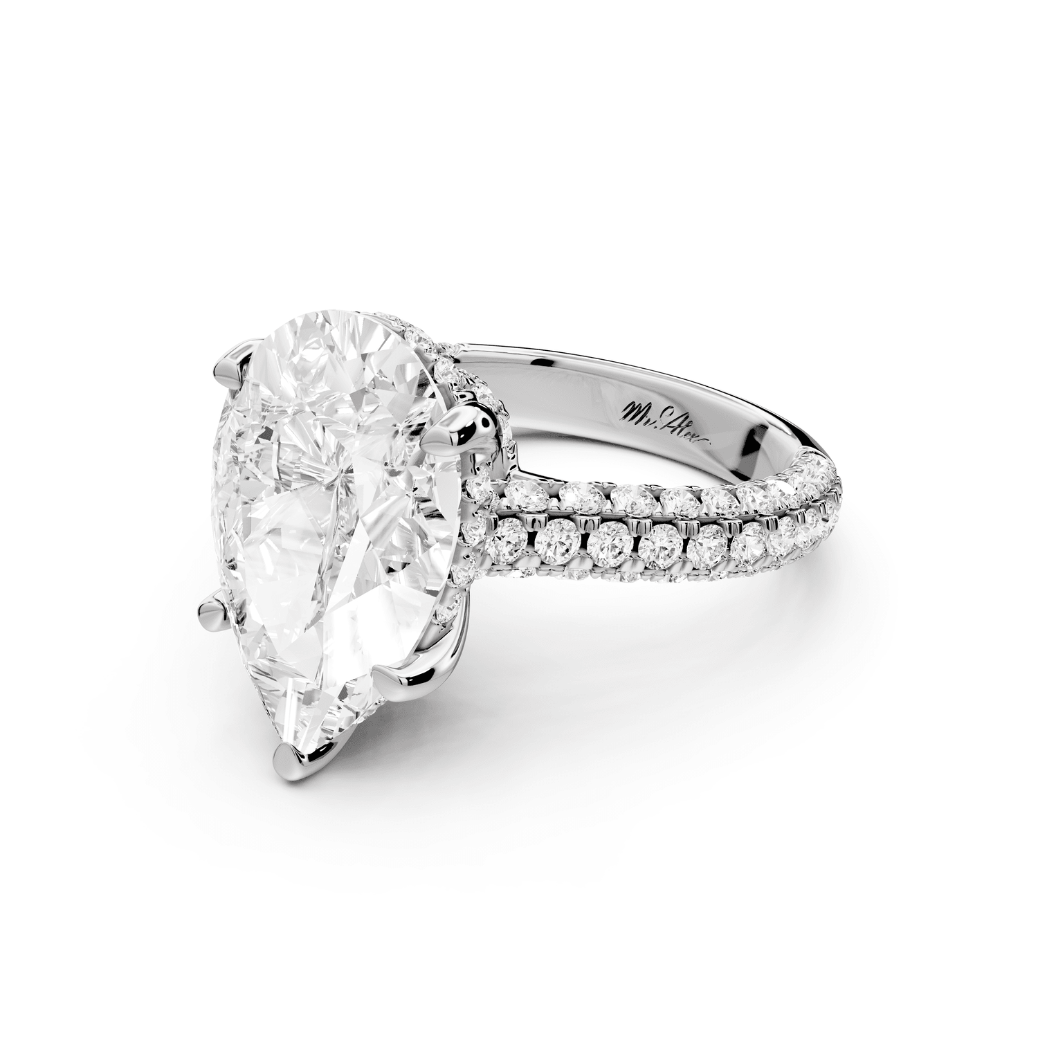 Amoria - 5ct platinum pear Diamond Engagement Ring with Pavé Band & Hidden Halo - Mr. Alex Jewelry