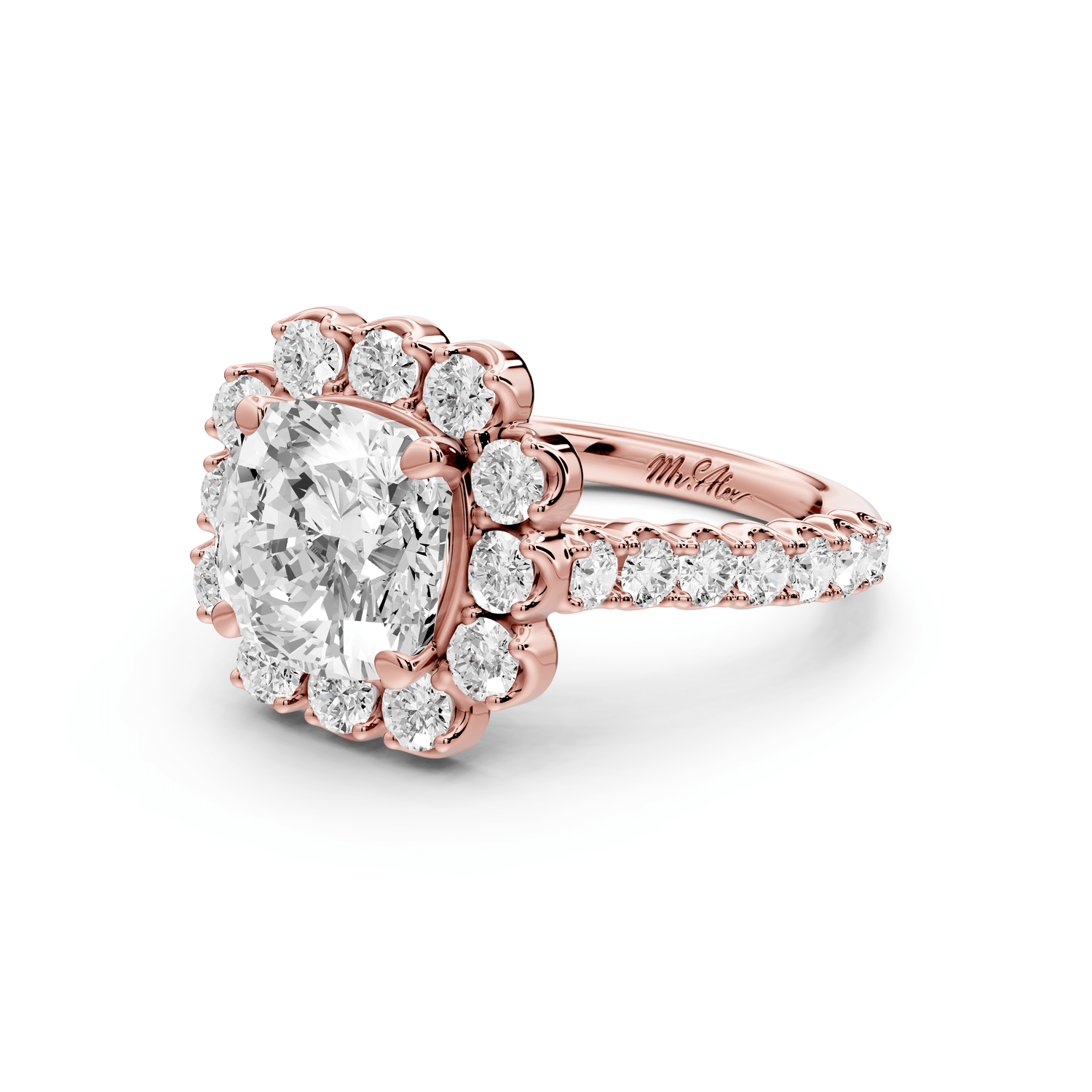 Anastasia - 2ct 14k rose gold cushion Diamond with Floral Halo and Pavé engagement Ring - Mr. Alex Jewelry