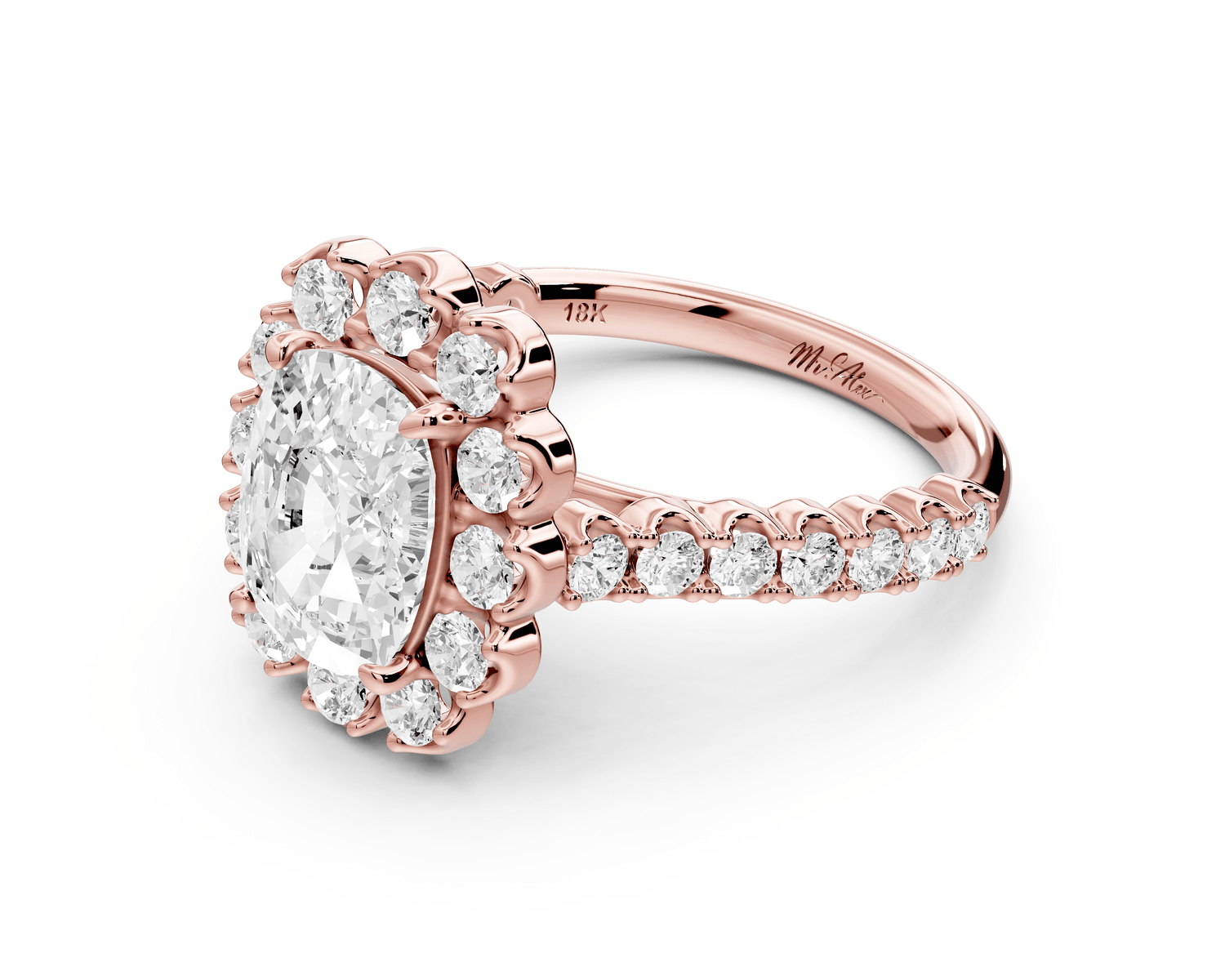 Anastasia - 2ct 14k rose gold ecushion Diamond with Floral Halo and Pavé engagement Ring - Mr. Alex Jewelry
