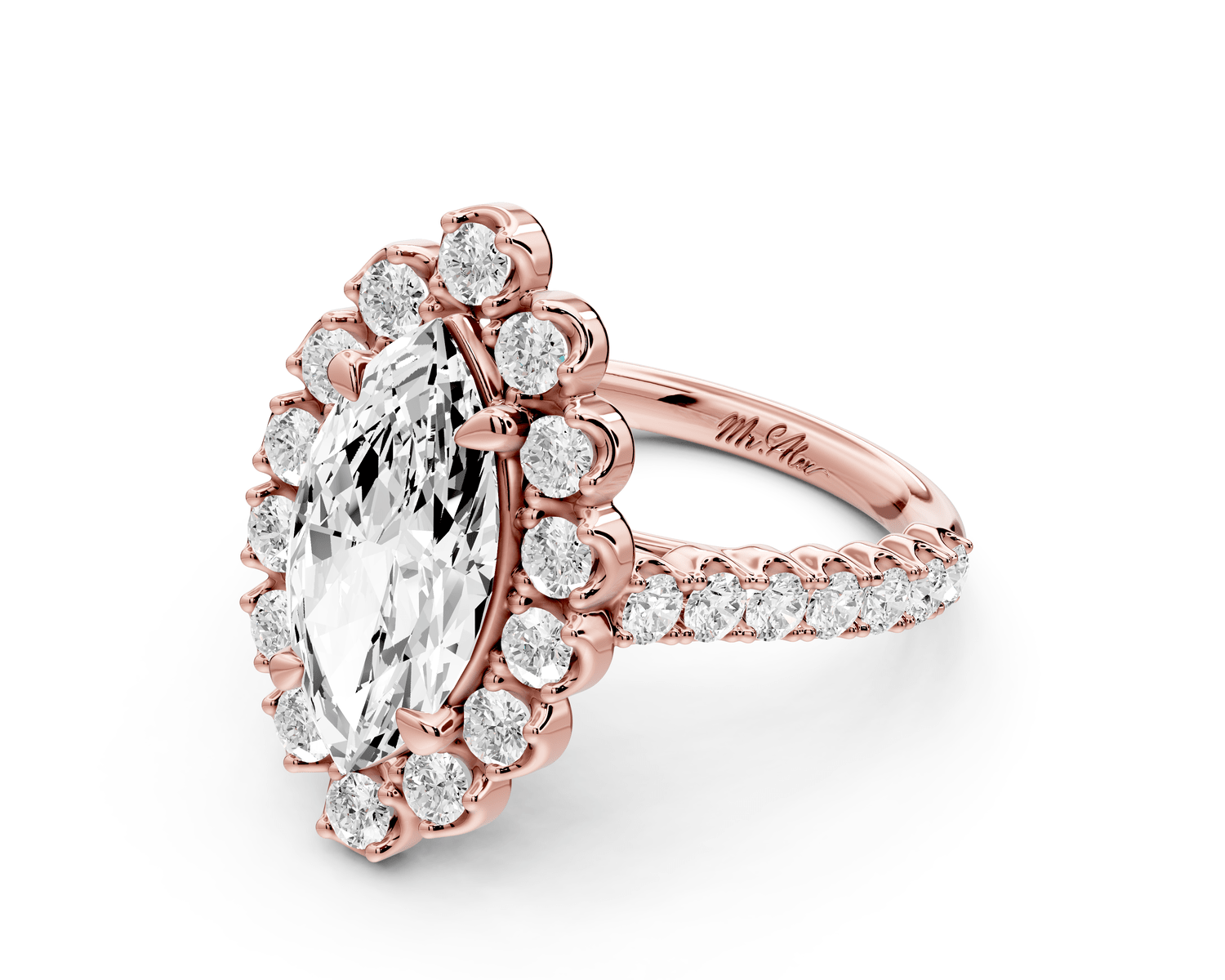 Anastasia - 2ct 14k rose gold marquise Diamond with Floral Halo and Pavé engagement Ring - Mr. Alex Jewelry
