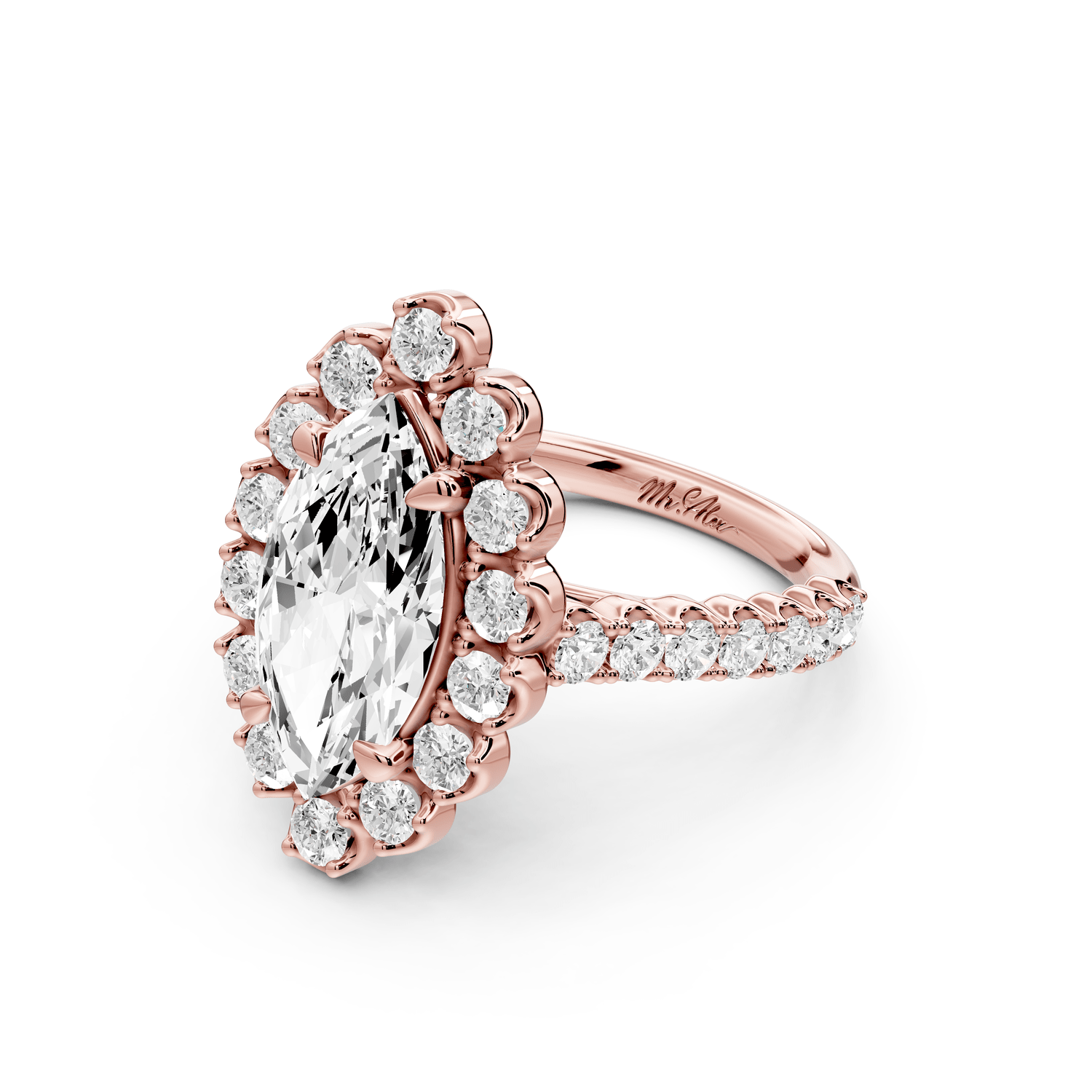 Anastasia - 2ct 14k rose gold marquise Diamond with Floral Halo and Pavé engagement Ring - Mr. Alex Jewelry