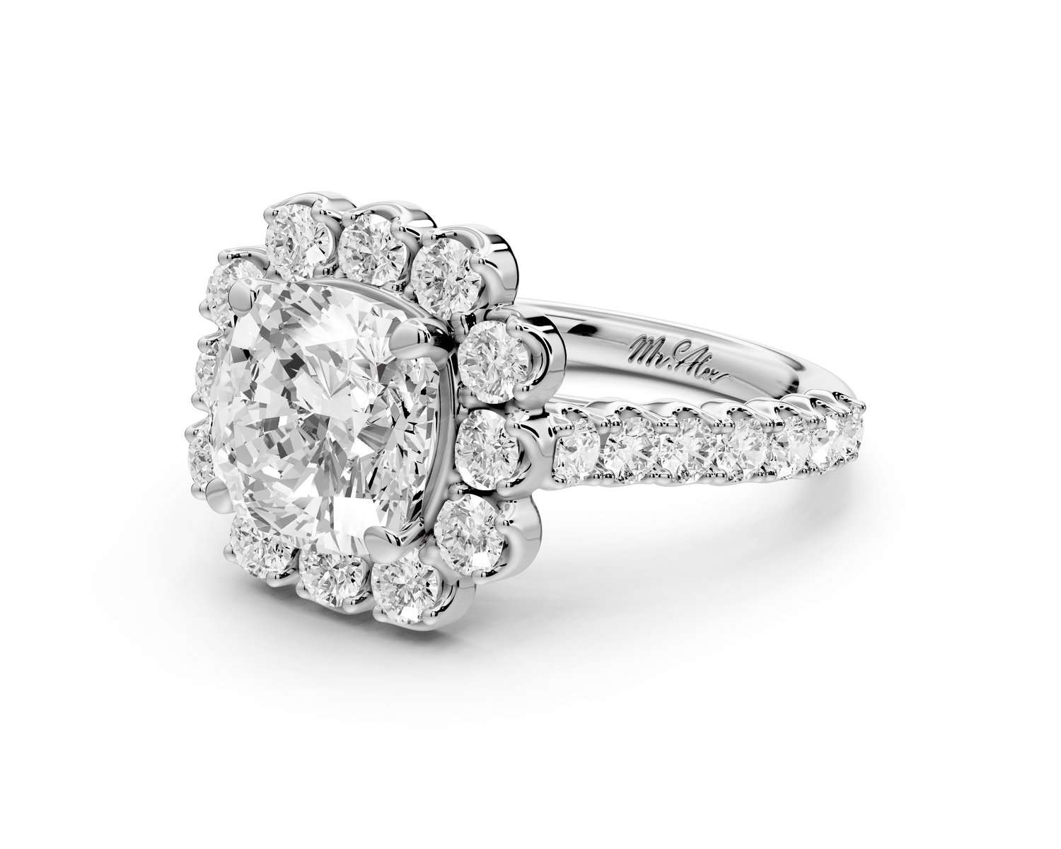Anastasia - 2ct 14k white gold cushion Diamond with Floral Halo and Pavé engagement Ring - Mr. Alex Jewelry