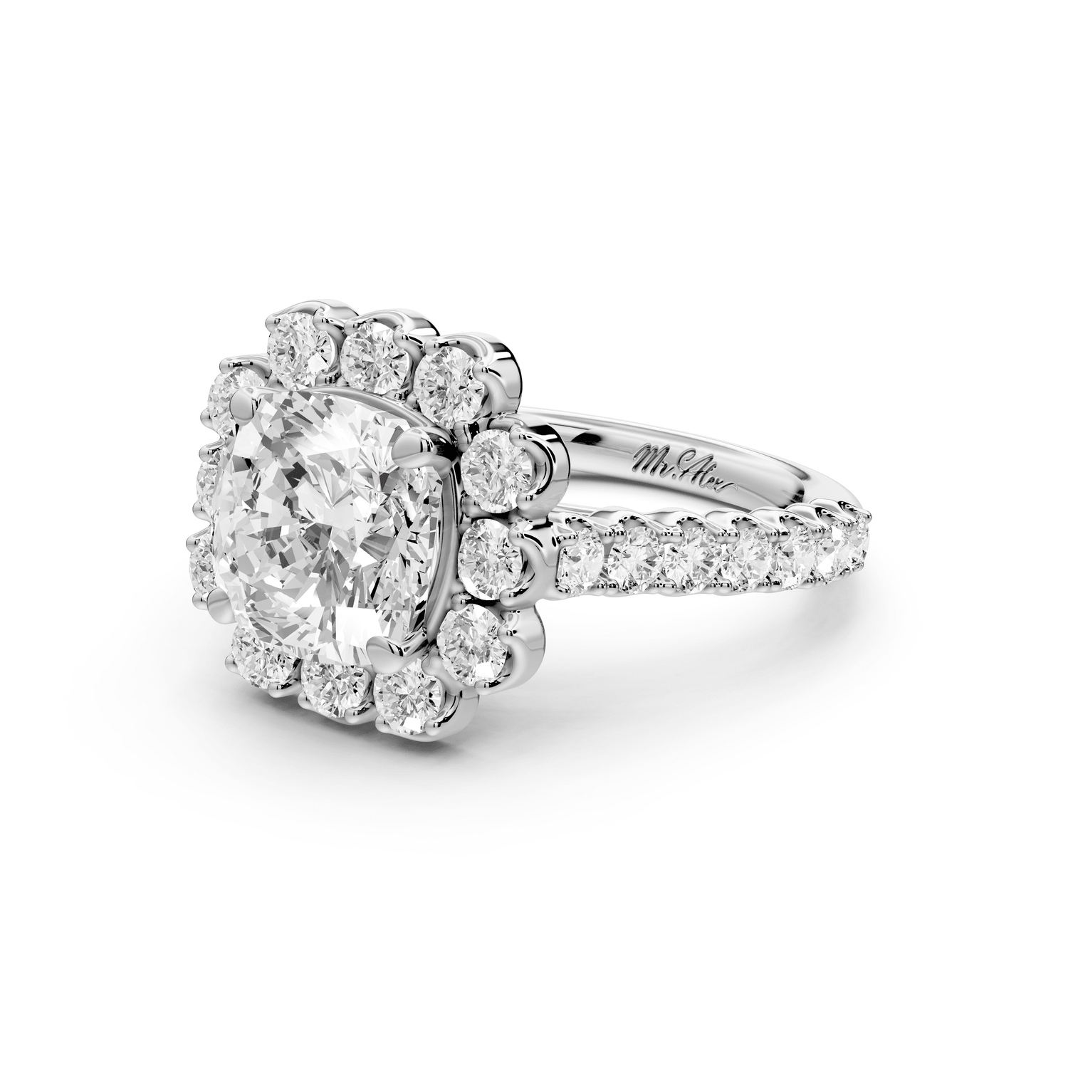 Anastasia - 2ct 14k white gold cushion Diamond with Floral Halo and Pavé engagement Ring - Mr. Alex Jewelry