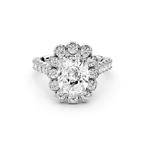 Anastasia - 2ct 14k white gold ecushion Diamond with Floral Halo and Pavé engagement Ring - Mr. Alex Jewelry