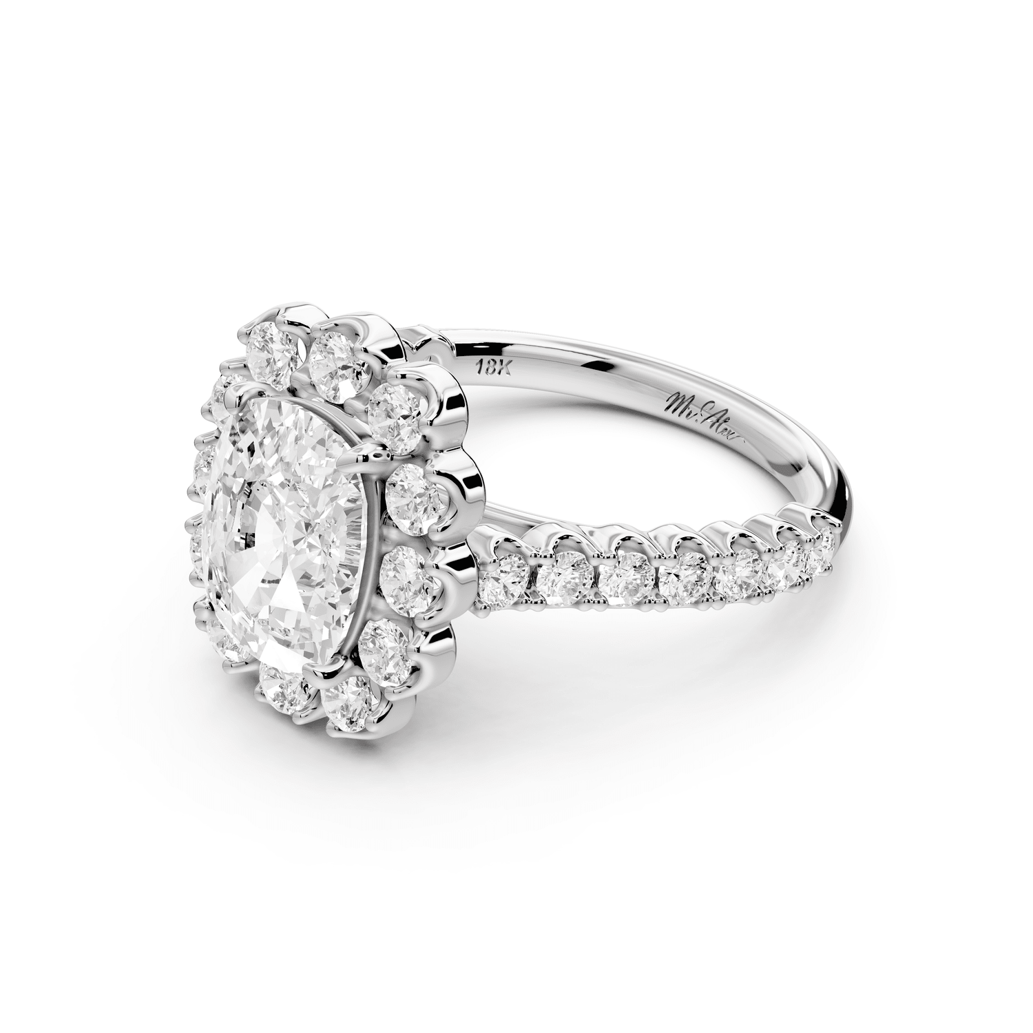 Anastasia - 2ct 14k white gold ecushion Diamond with Floral Halo and Pavé engagement Ring - Mr. Alex Jewelry