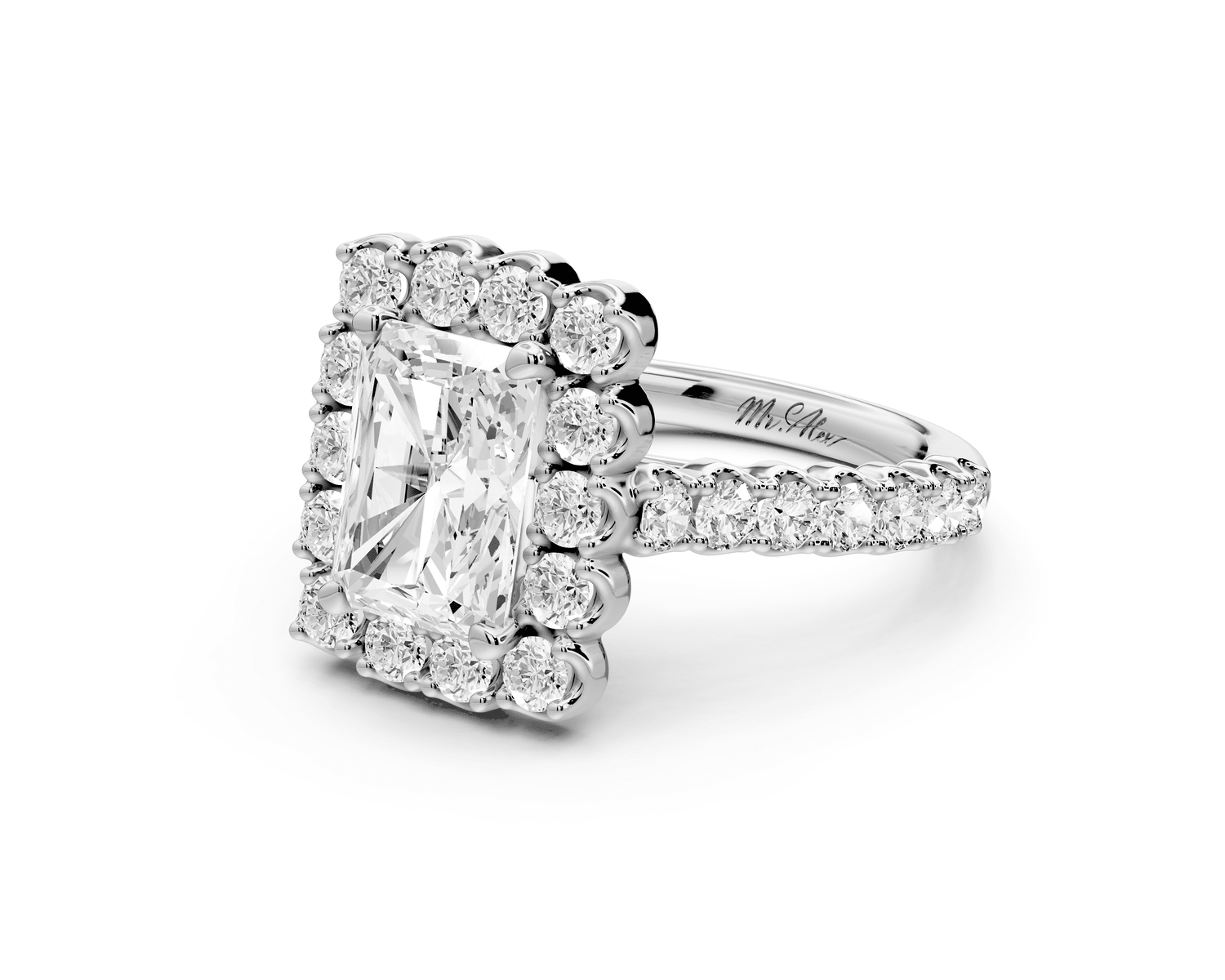 Anastasia - 2ct 14k white gold radiant Diamond with Floral Halo and Pavé engagement Ring - Mr. Alex Jewelry