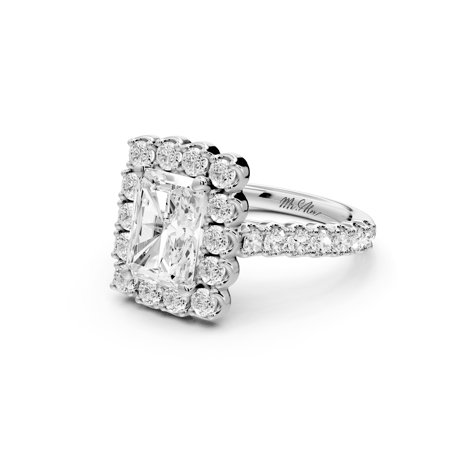 Anastasia - 2ct 14k white gold radiant Diamond with Floral Halo and Pavé engagement Ring - Mr. Alex Jewelry