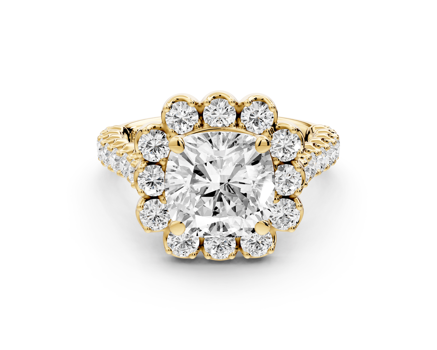Anastasia - 2ct 14k yellow gold cushion Diamond with Floral Halo and Pavé engagement Ring - Mr. Alex Jewelry