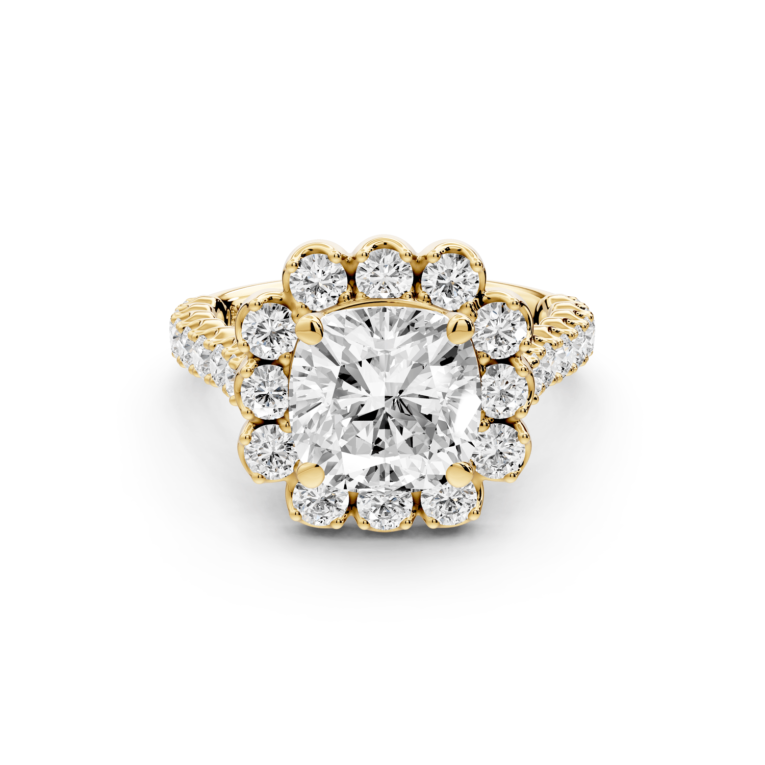 Anastasia - 2ct 14k yellow gold cushion Diamond with Floral Halo and Pavé engagement Ring - Mr. Alex Jewelry