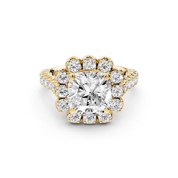 Anastasia - 2ct 14k yellow gold cushion Diamond with Floral Halo and Pavé engagement Ring - Mr. Alex Jewelry