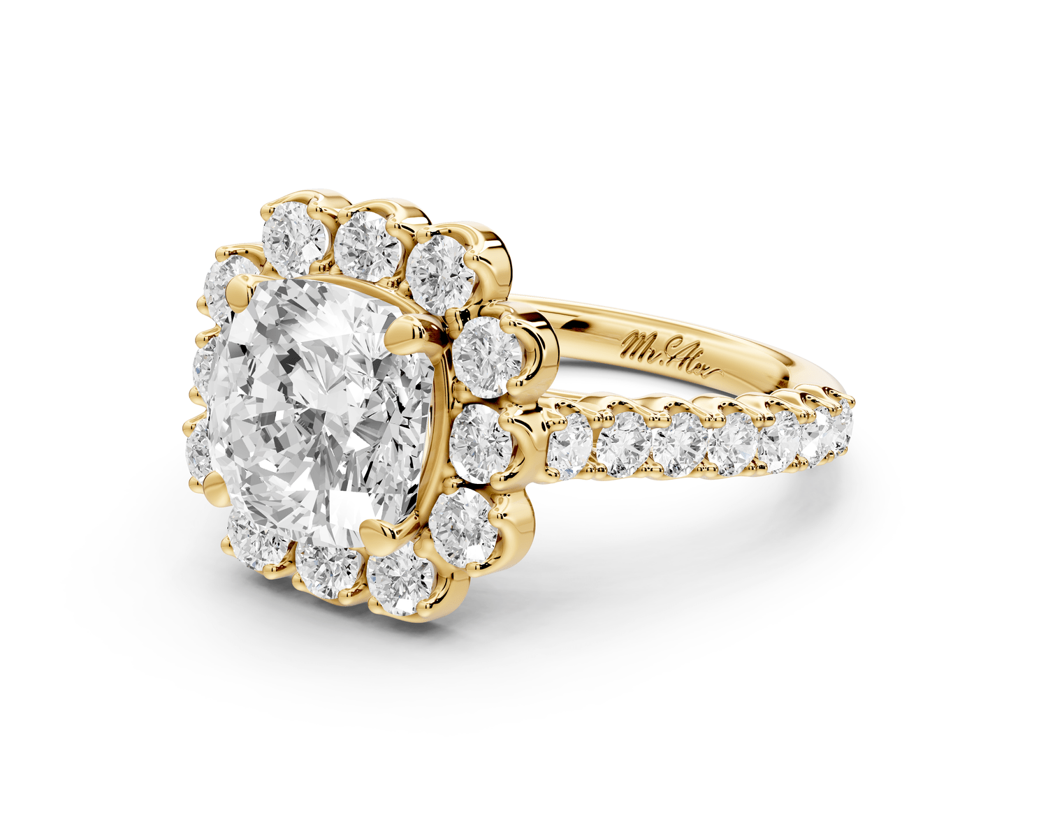 Anastasia - 2ct 14k yellow gold cushion Diamond with Floral Halo and Pavé engagement Ring - Mr. Alex Jewelry