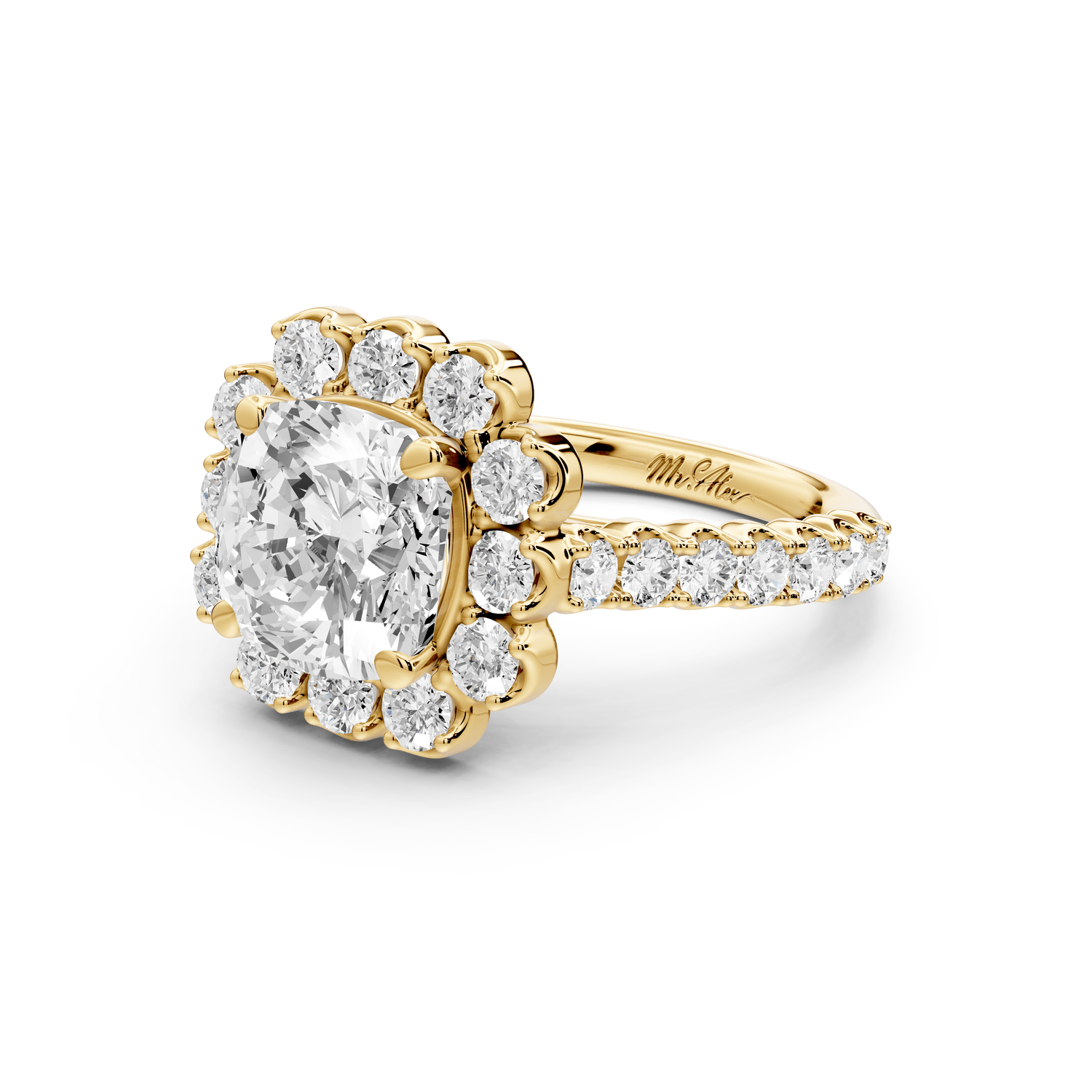 Anastasia - 2ct 14k yellow gold cushion Diamond with Floral Halo and Pavé engagement Ring - Mr. Alex Jewelry