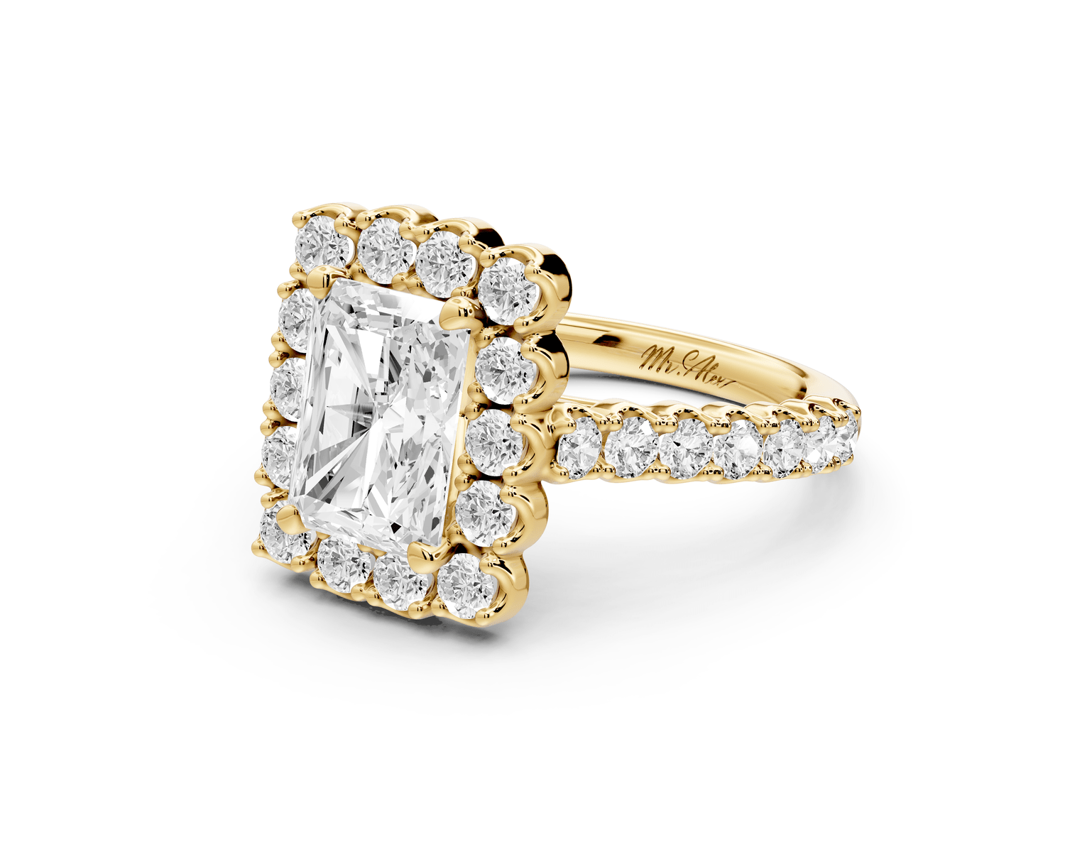Anastasia - 2ct 14k yellow gold radiant Diamond with Floral Halo and Pavé engagement Ring - Mr. Alex Jewelry