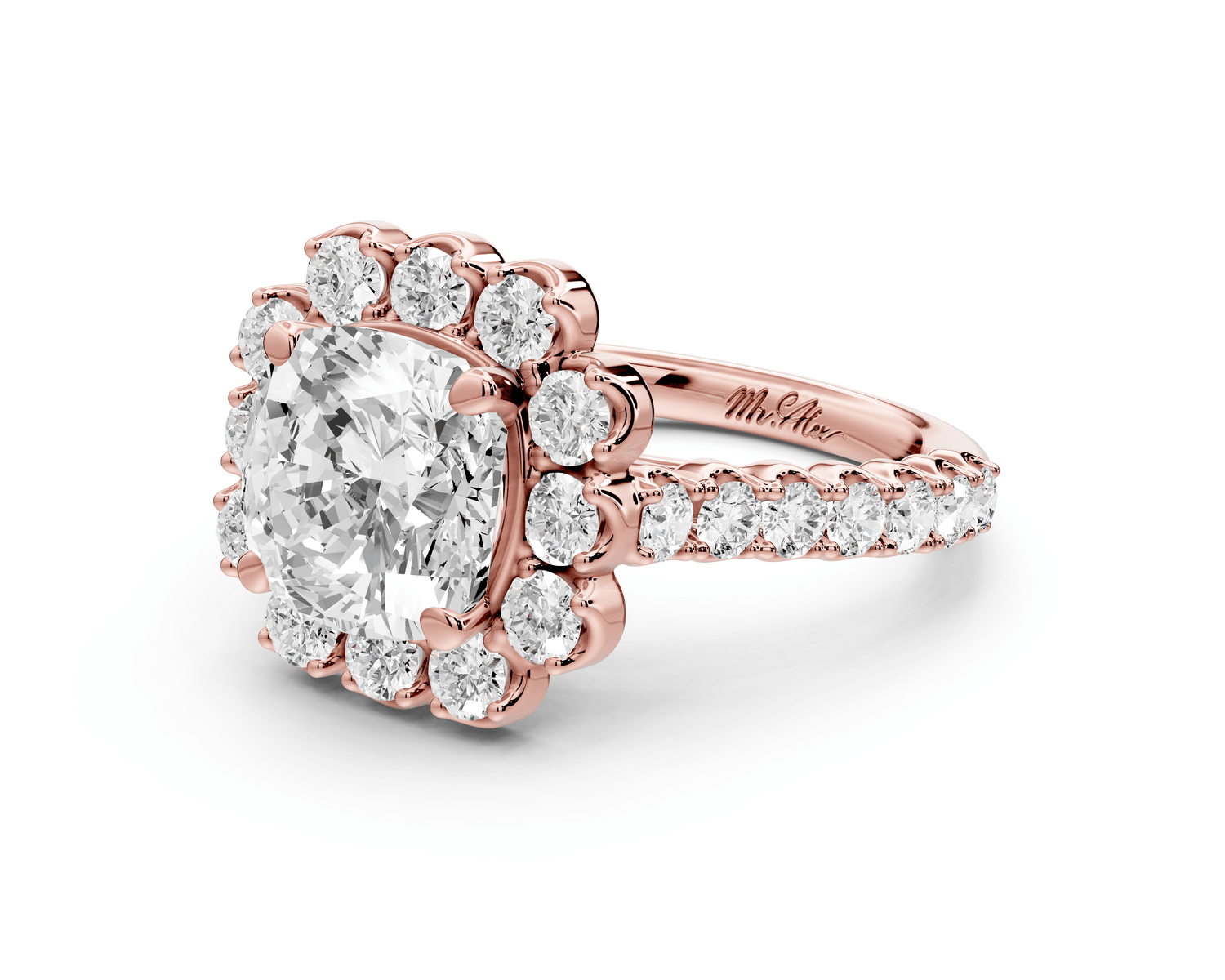 Anastasia - 2ct 18k rose gold cushion Diamond with Floral Halo and Pavé engagement Ring - Mr. Alex Jewelry