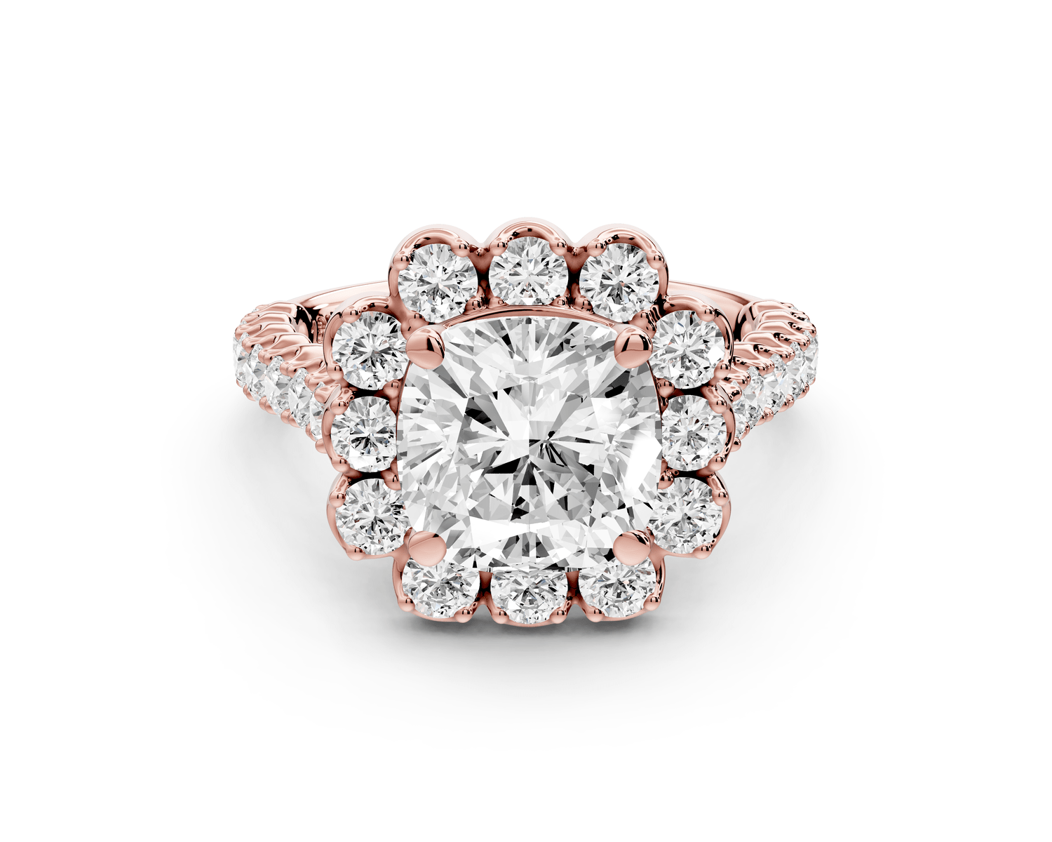 Anastasia - 2ct 18k rose gold cushion Diamond with Floral Halo and Pavé engagement Ring - Mr. Alex Jewelry