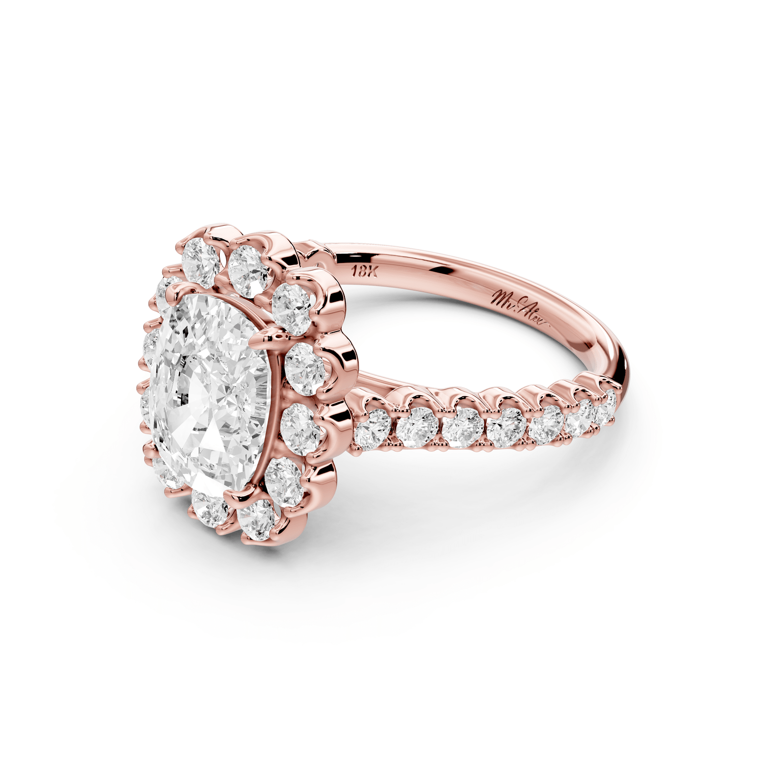 Anastasia - 2ct 18k rose gold ecushion Diamond with Floral Halo and Pavé engagement Ring - Mr. Alex Jewelry