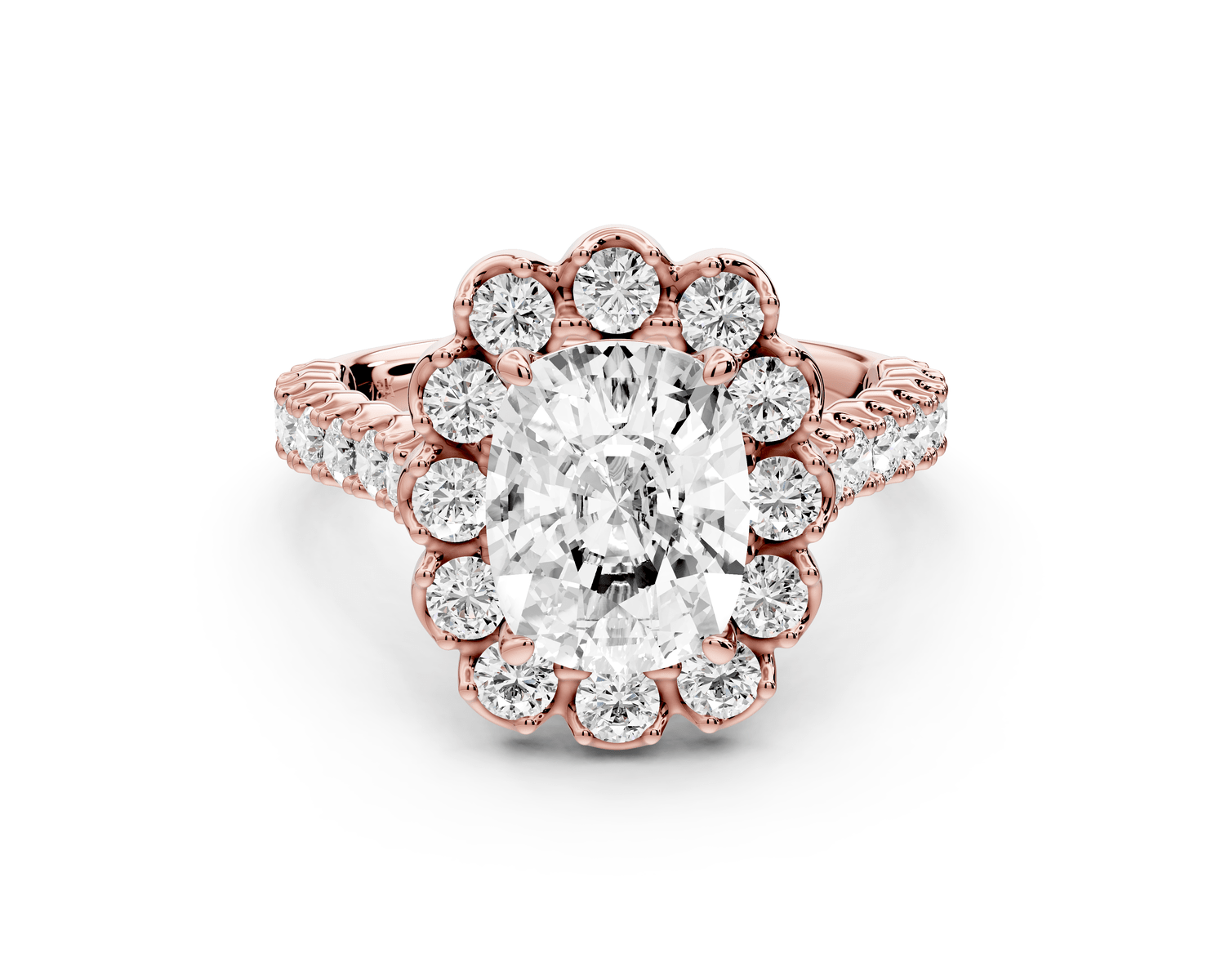 Anastasia - 2ct 18k rose gold ecushion Diamond with Floral Halo and Pavé engagement Ring - Mr. Alex Jewelry