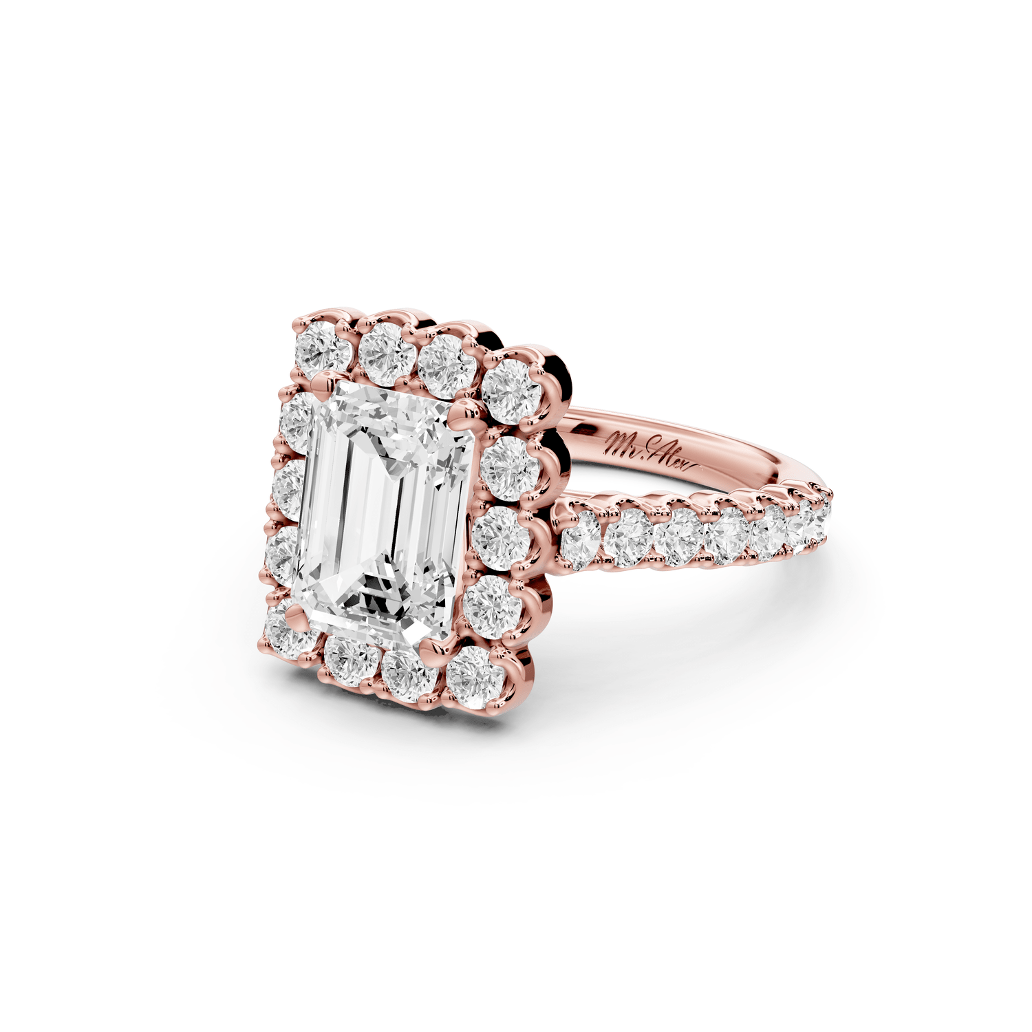 Anastasia - 2ct 18k rose gold emerald Diamond with Floral Halo and Pavé engagement Ring - Mr. Alex Jewelry