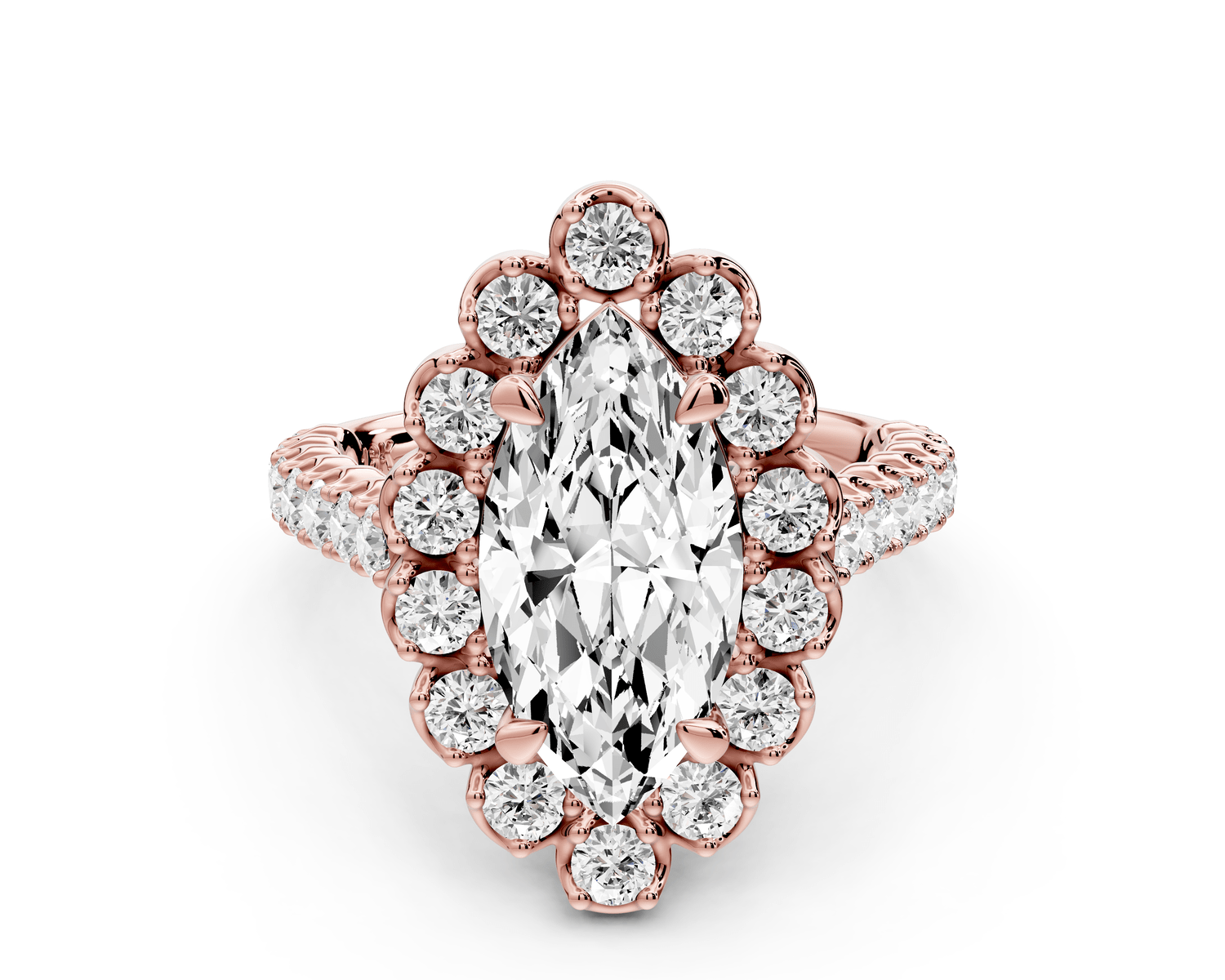 Anastasia - 2ct 18k rose gold marquise Diamond with Floral Halo and Pavé engagement Ring - Mr. Alex Jewelry
