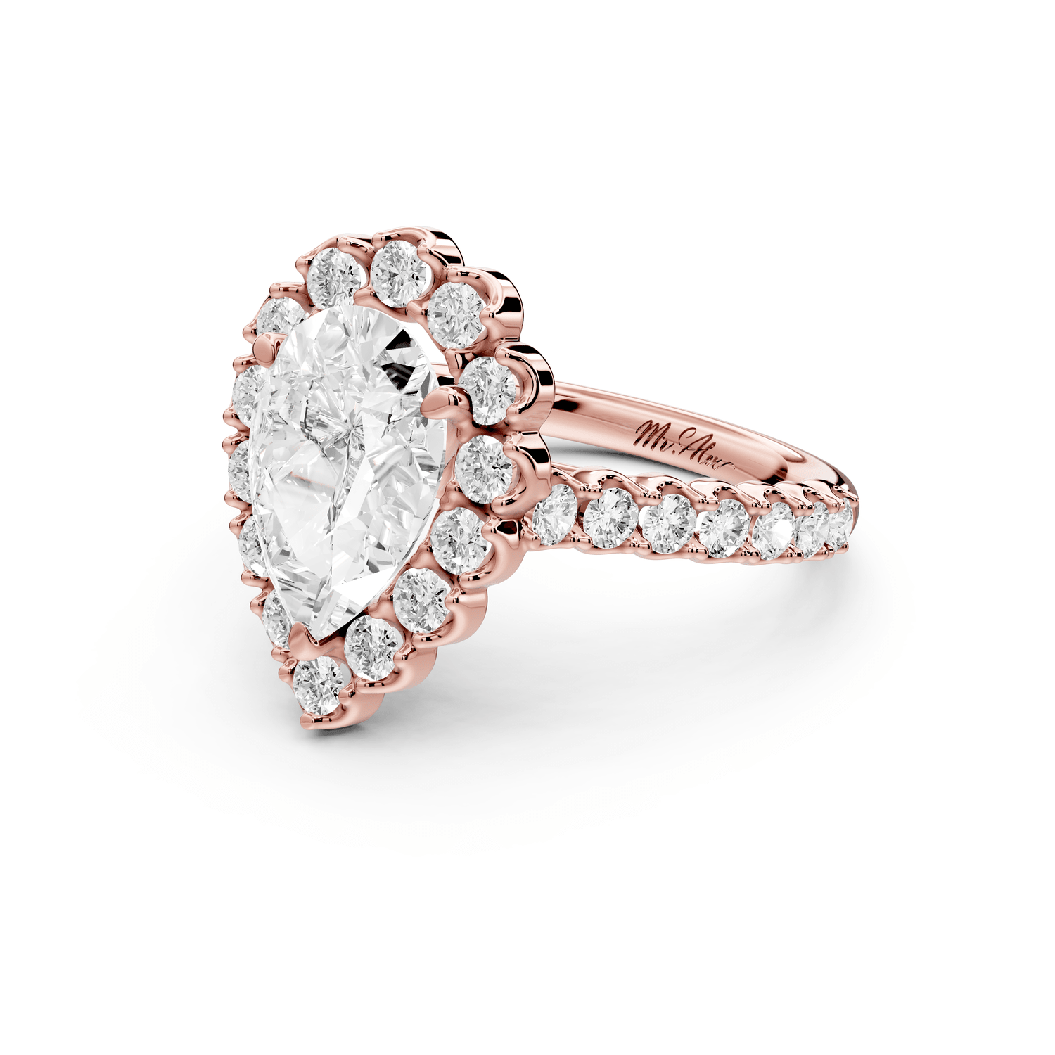 Anastasia - 2ct 18k rose gold pear Diamond with Floral Halo and Pavé engagement Ring - Mr. Alex Jewelry