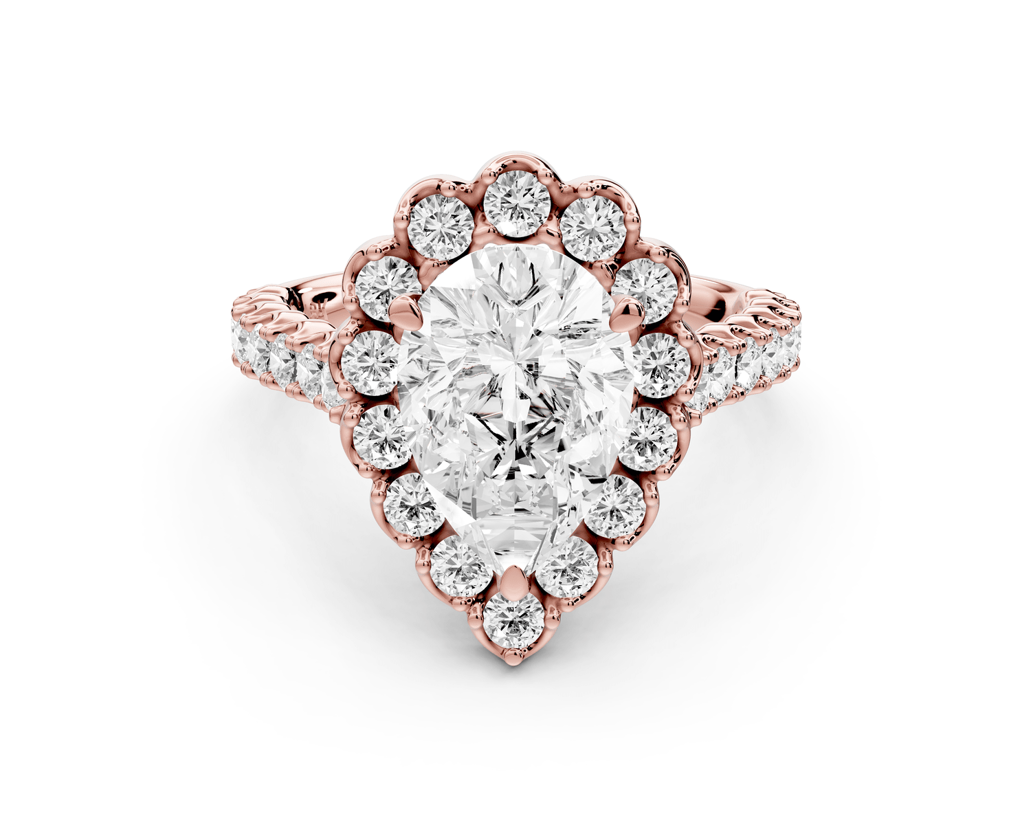 Anastasia - 2ct 18k rose gold pear Diamond with Floral Halo and Pavé engagement Ring - Mr. Alex Jewelry