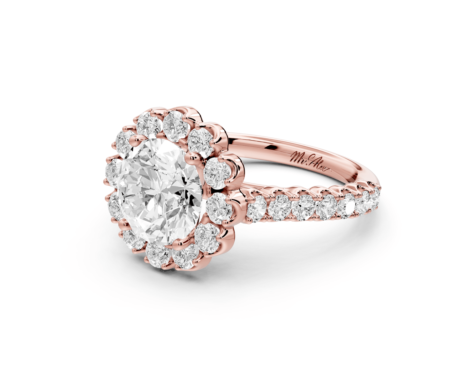 Anastasia - 2ct 18k rose gold round Diamond with Floral Halo and Pavé engagement Ring - Mr. Alex Jewelry