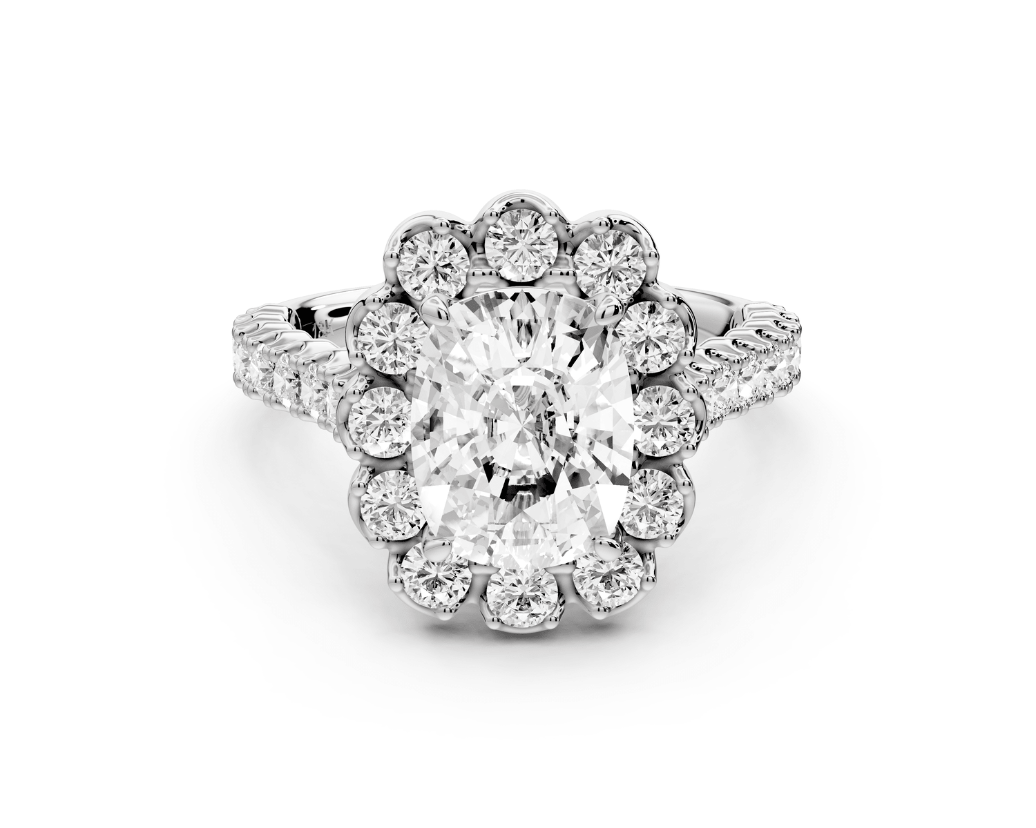 Anastasia - 2ct 18k white gold ecushion Diamond with Floral Halo and Pavé engagement Ring - Mr. Alex Jewelry