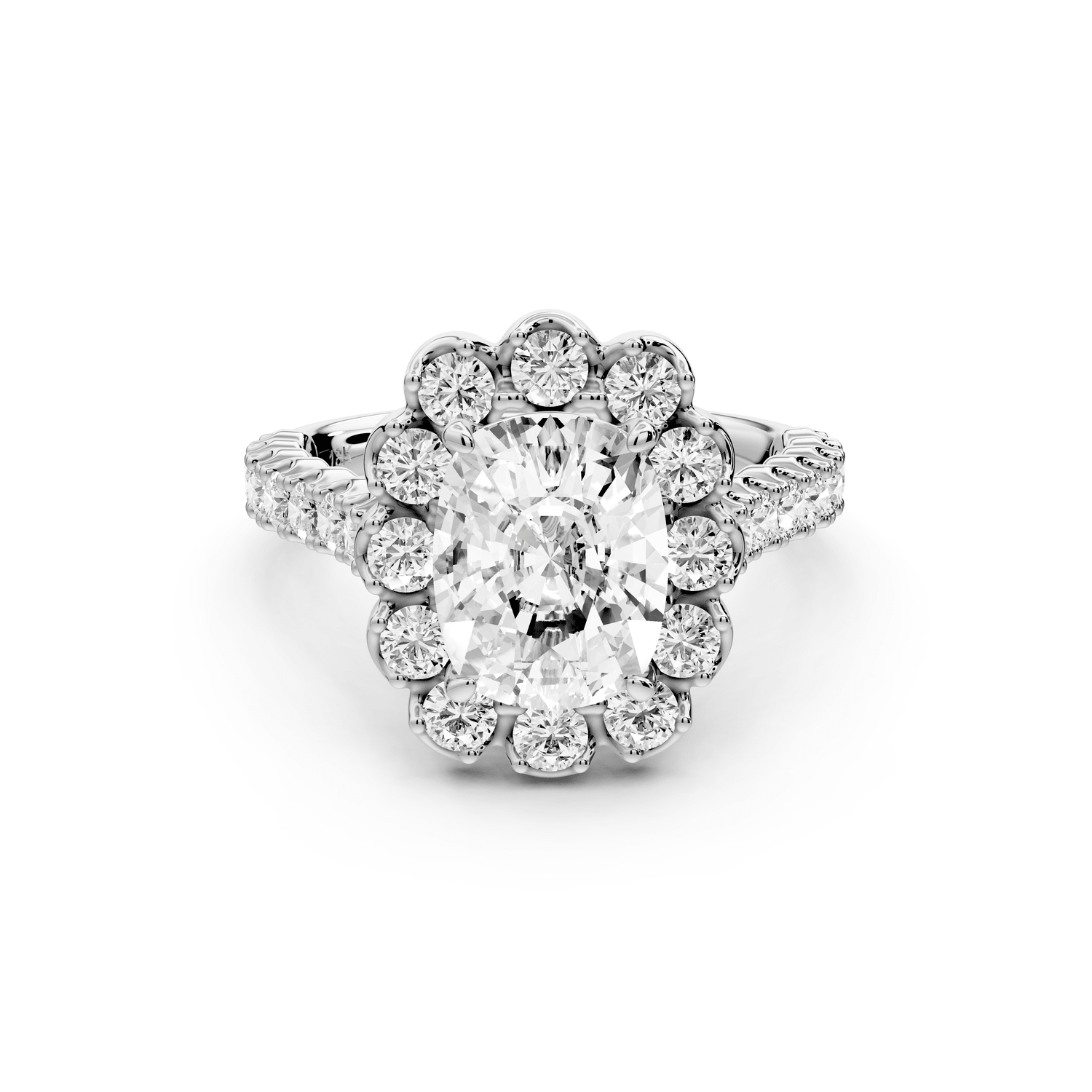 Anastasia - 2ct 18k white gold ecushion Diamond with Floral Halo and Pavé engagement Ring - Mr. Alex Jewelry
