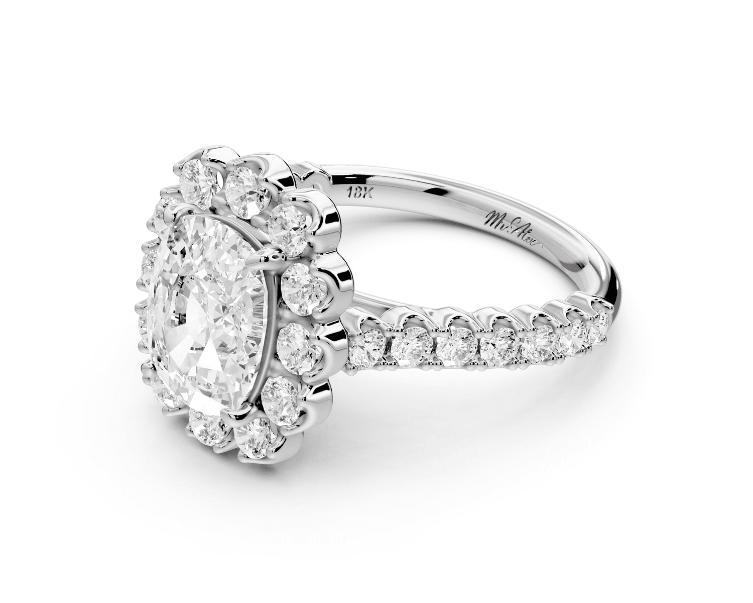 Anastasia - 2ct 18k white gold ecushion Diamond with Floral Halo and Pavé engagement Ring - Mr. Alex Jewelry