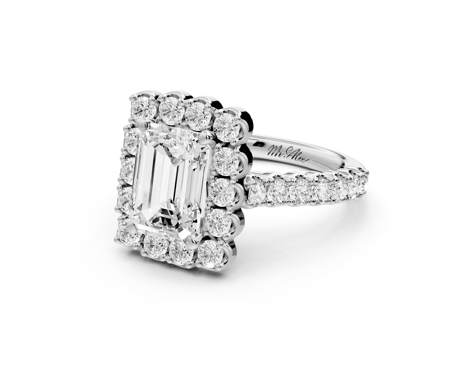 Anastasia - 2ct 18k white gold emerald Diamond with Floral Halo and Pavé engagement Ring - Mr. Alex Jewelry