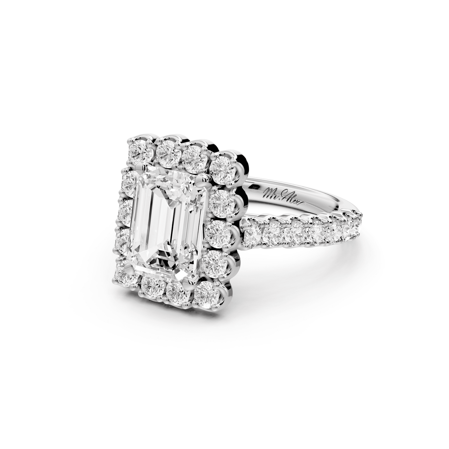 Anastasia - 2ct 18k white gold emerald Diamond with Floral Halo and Pavé engagement Ring - Mr. Alex Jewelry